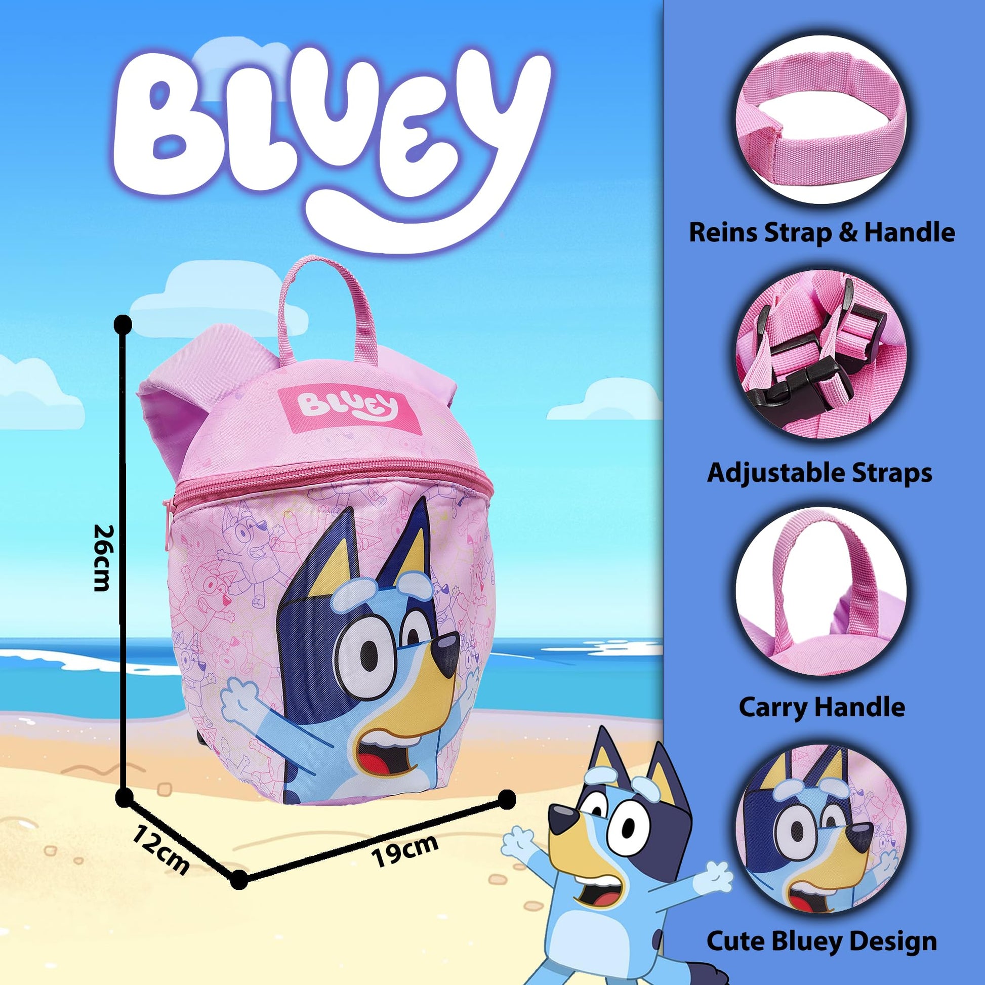 Bluey Kids Girls Backpack with Reins & Harness Toddler Bag Ages 1-4 Years - Pink - My Little Legends