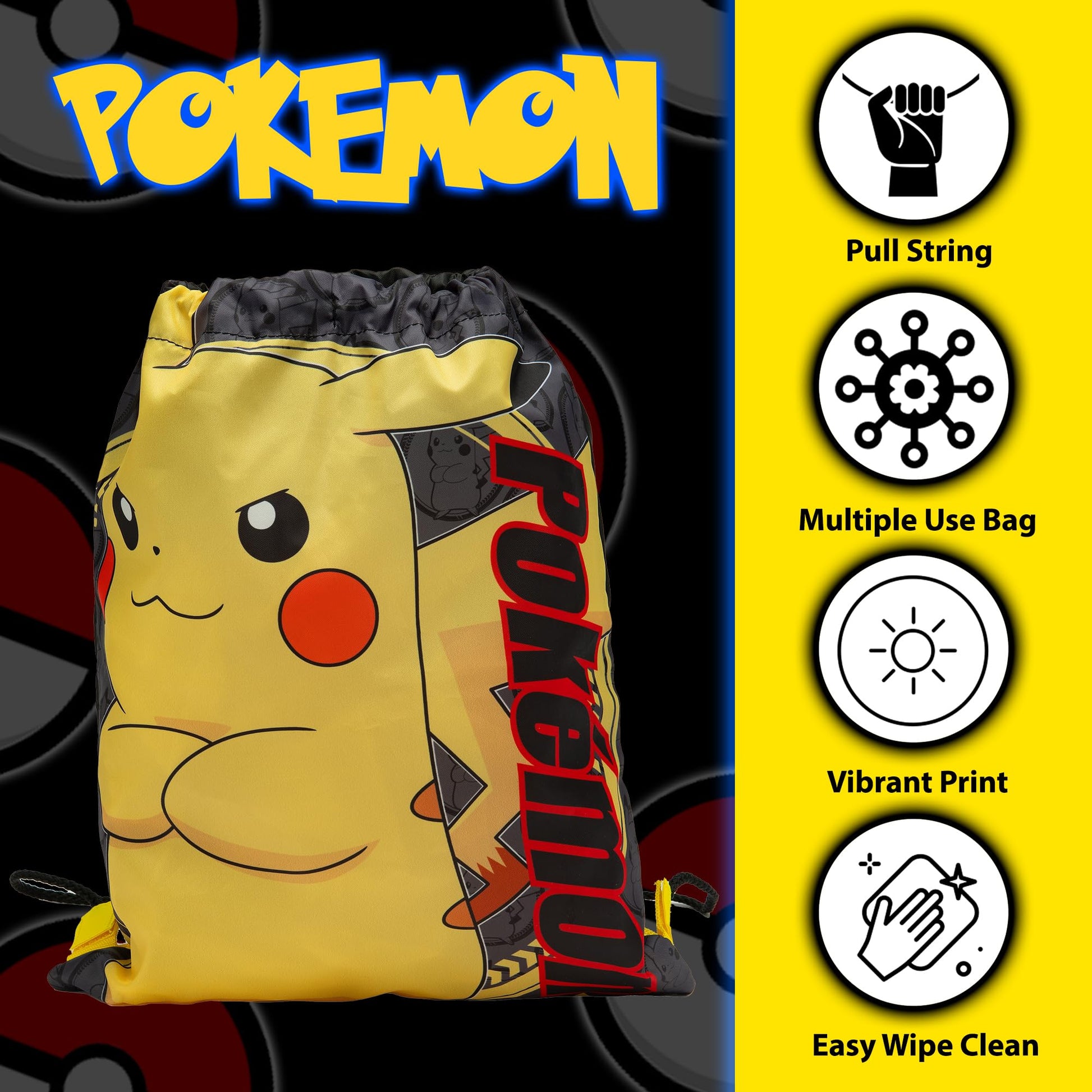 Pokemon Drawstring Bag Kids PE Kit Gym Swim Bag For Boys & Girls School Trainer School Pikachu Print - My Little Legends