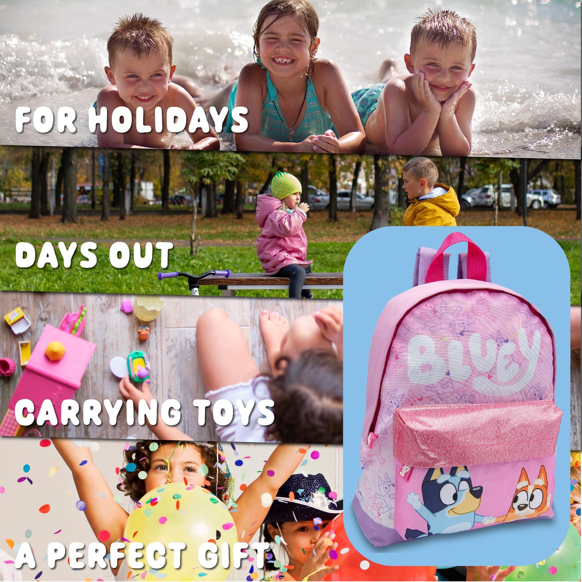Bluey Kids Backpack Preschool Childrens Bag Girls Nursery Rucksack With Glittery Front Pocket - Pink - My Little Legends