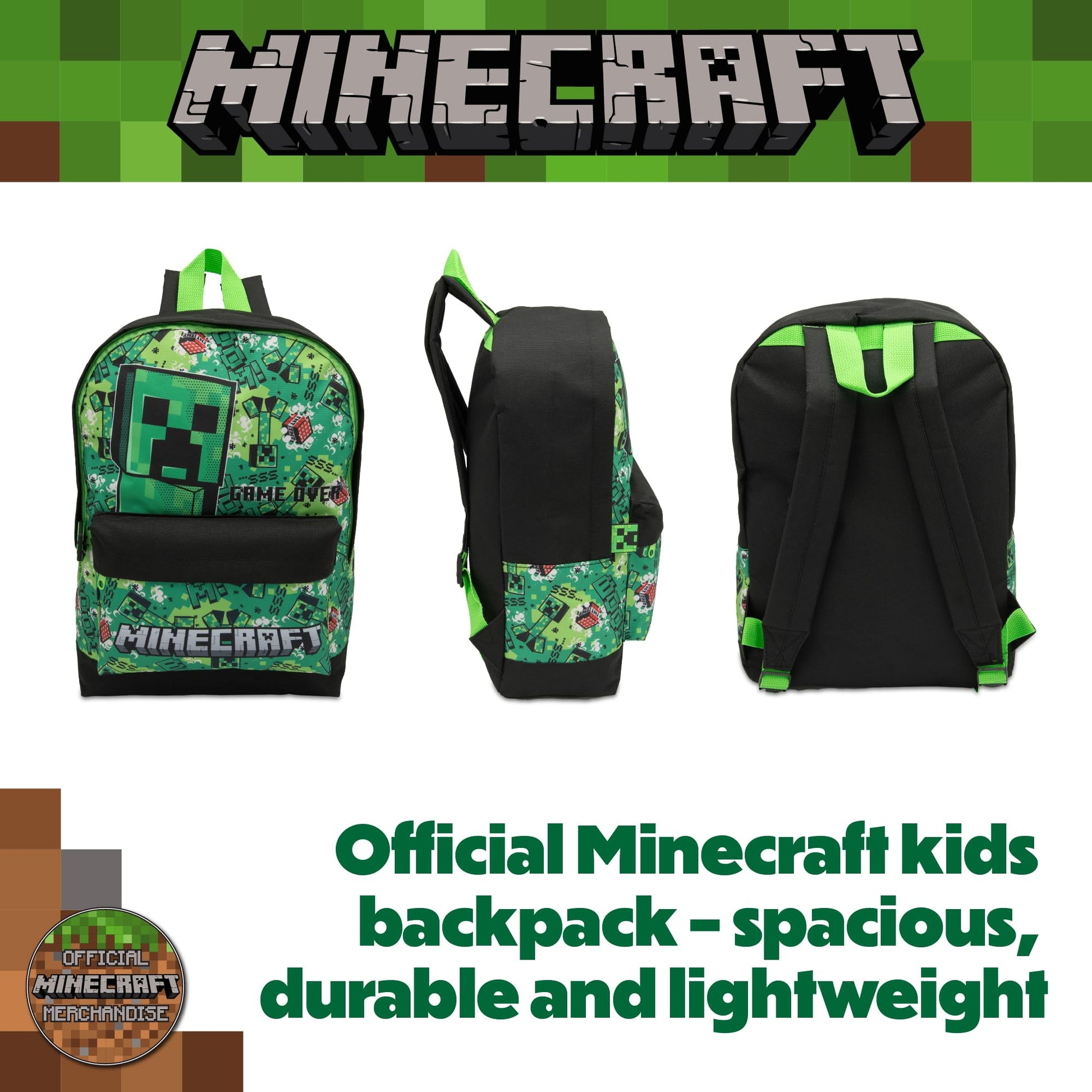 Minecraft Kids Backpack Childrens School Bag with Creeper & TNT Design Print Boys Gamer Rucksack - My Little Legends