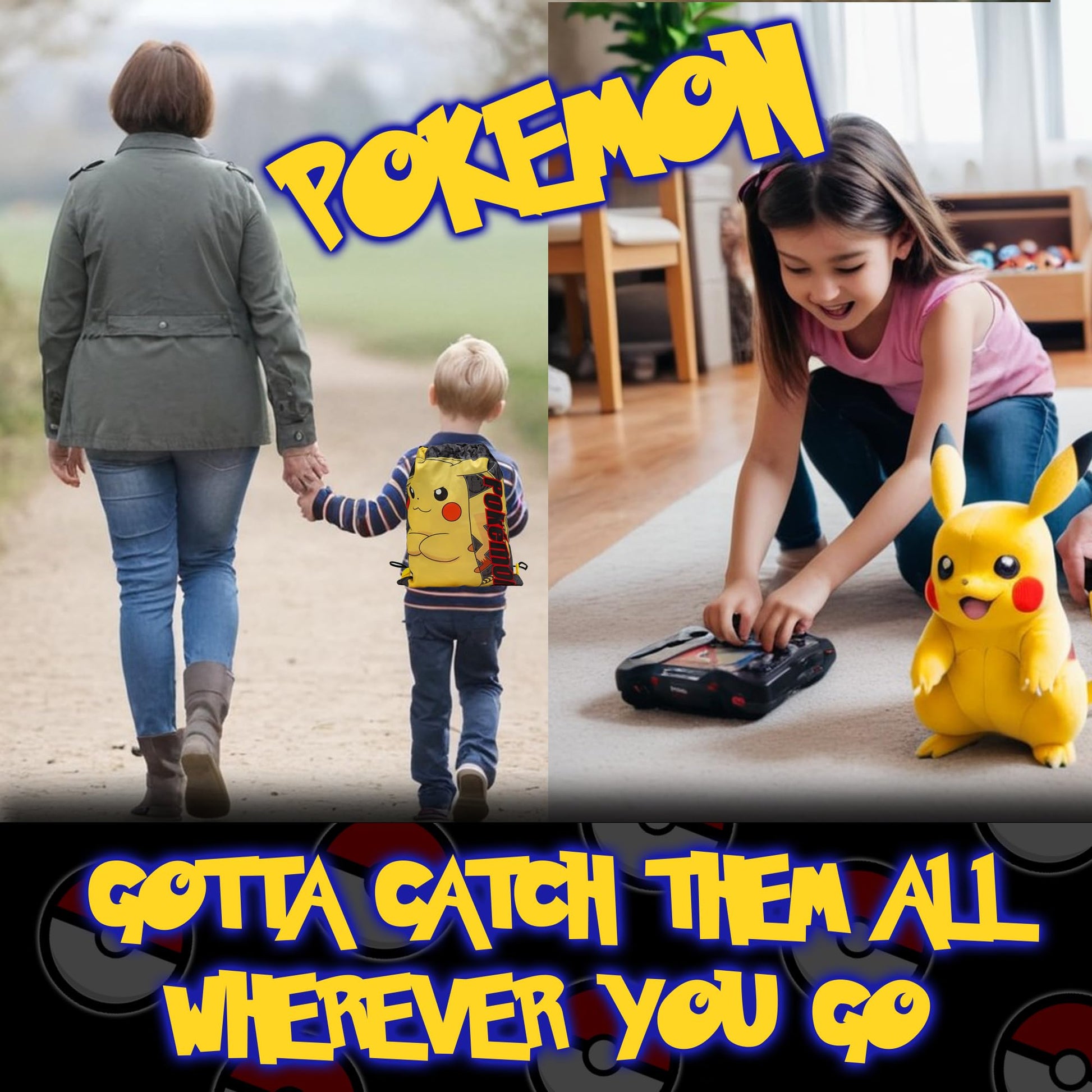 Pokemon Drawstring Bag Kids PE Kit Gym Swim Bag For Boys & Girls School Trainer School Pikachu Print - My Little Legends