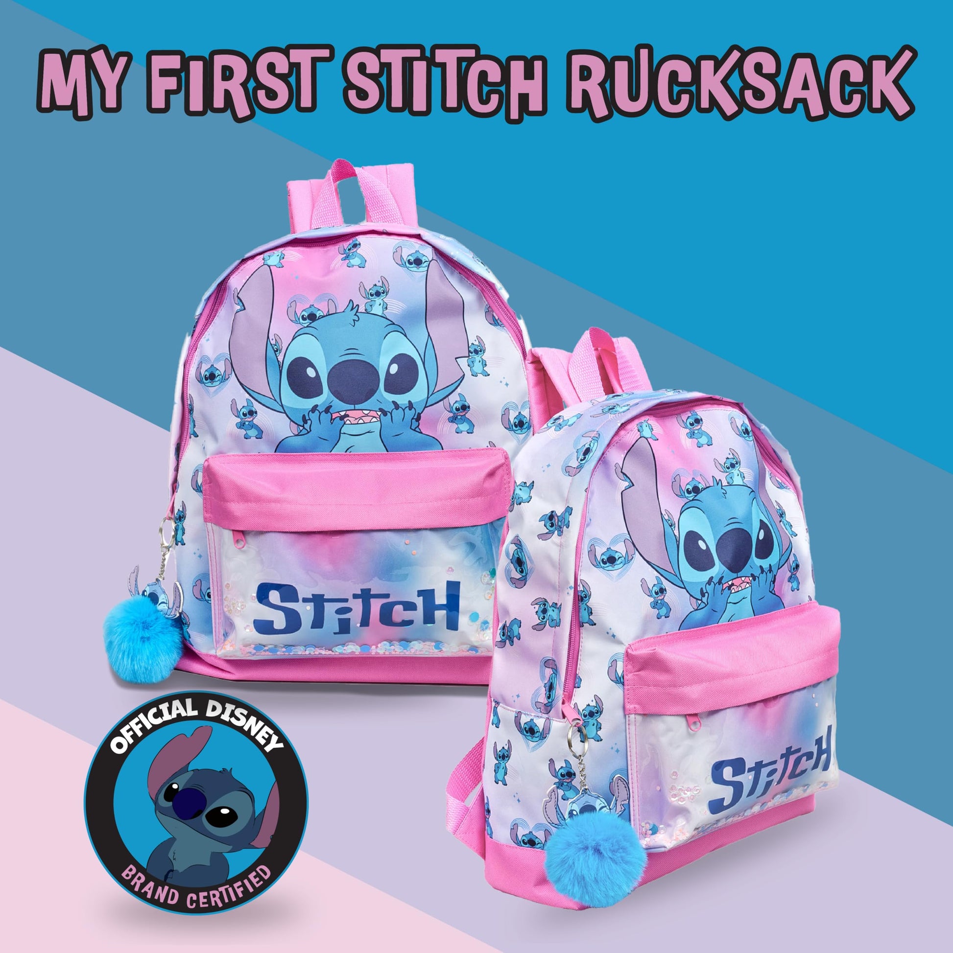 Disney Stitch Girls Backpack Kids Pom Pom Keyring Glitter Pocket School Bag Childrens Rucksack - My Little Legends
