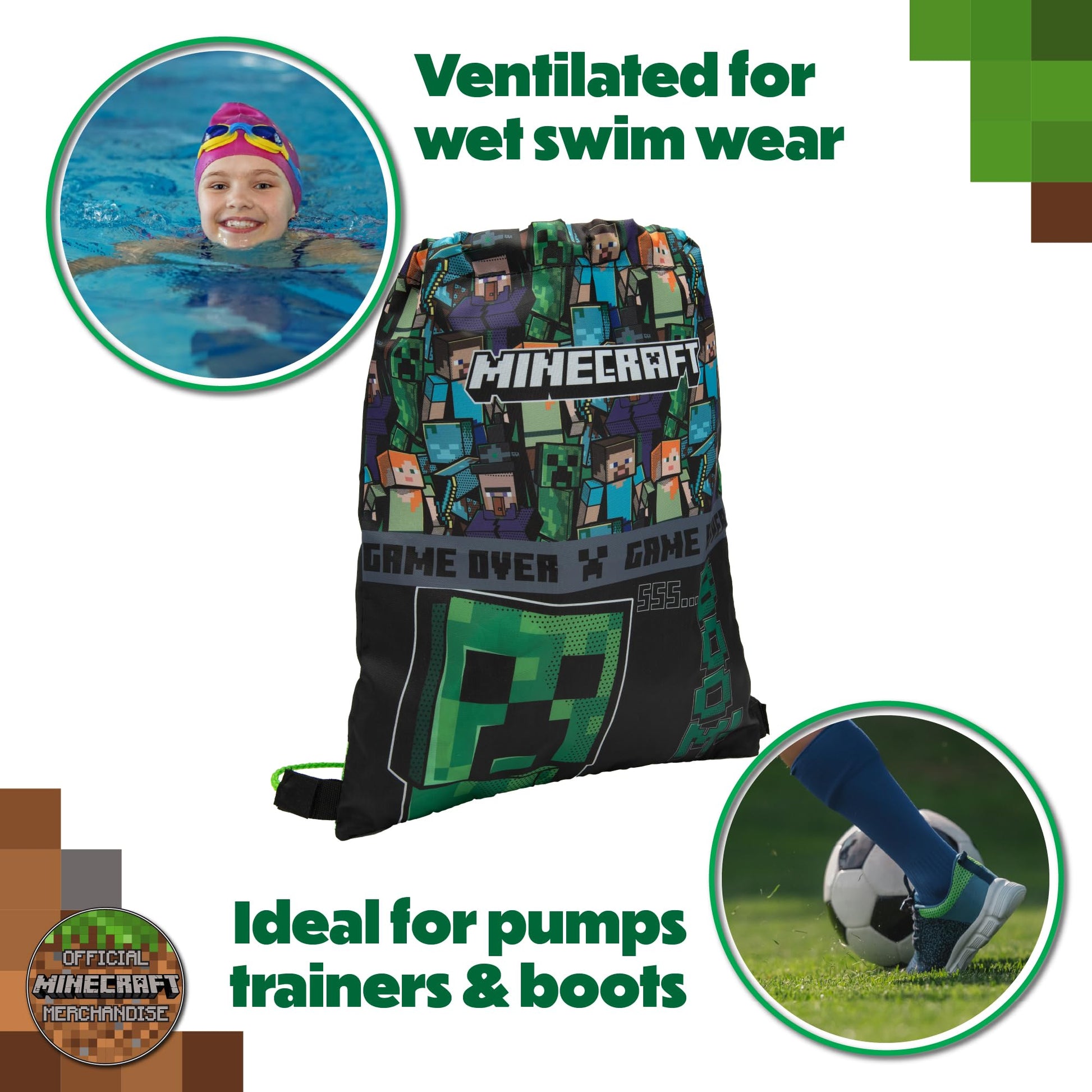 Minecraft Drawstring Bag Kids PE Kit Gym Swim Sack For Children Boys & Girls School Trainer School Backpack - My Little Legends