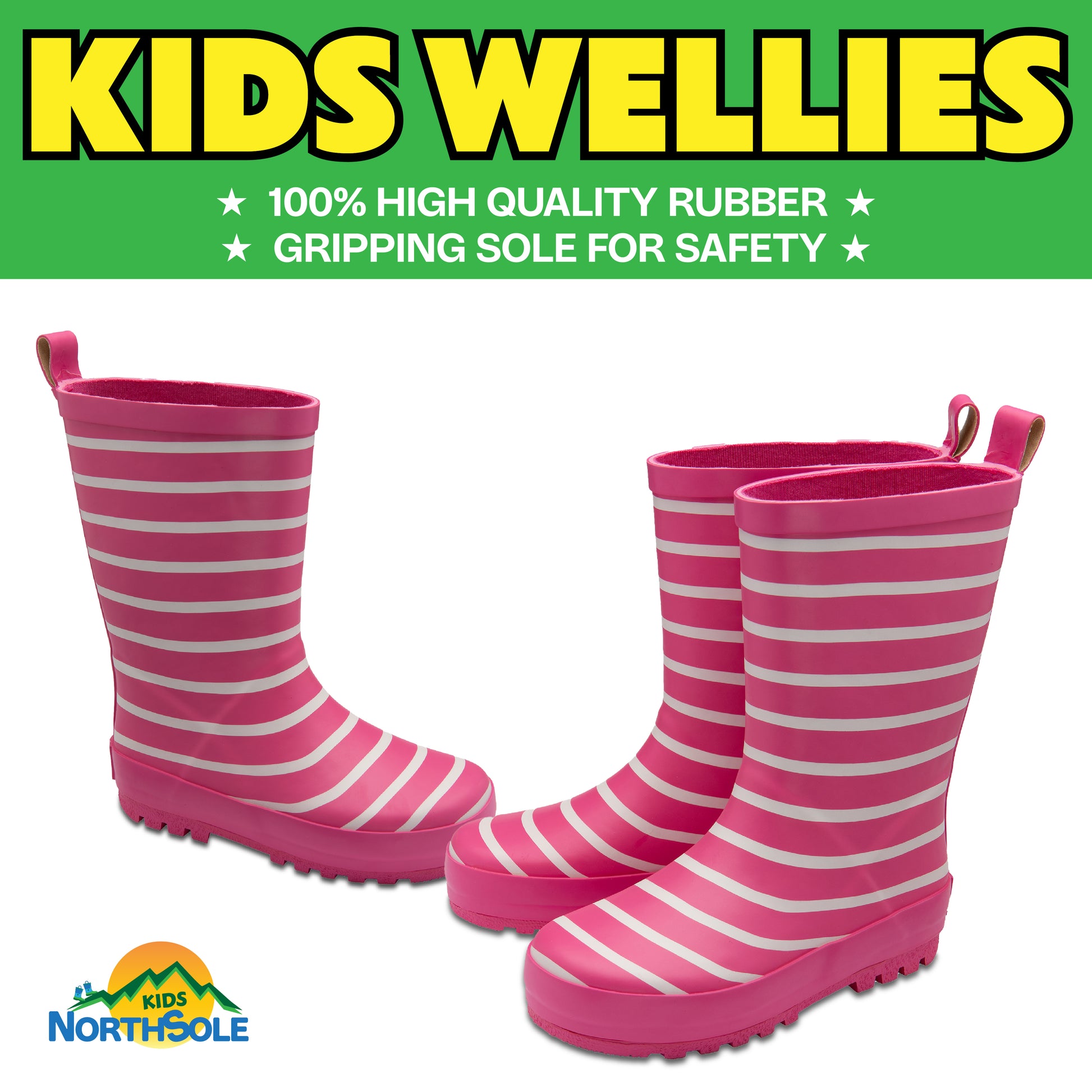 NorthSole Kids Wellies Striped Rubber Wellington Boots Boys & Girls Childrens Welly Sizes 9-2 - My Little Legends