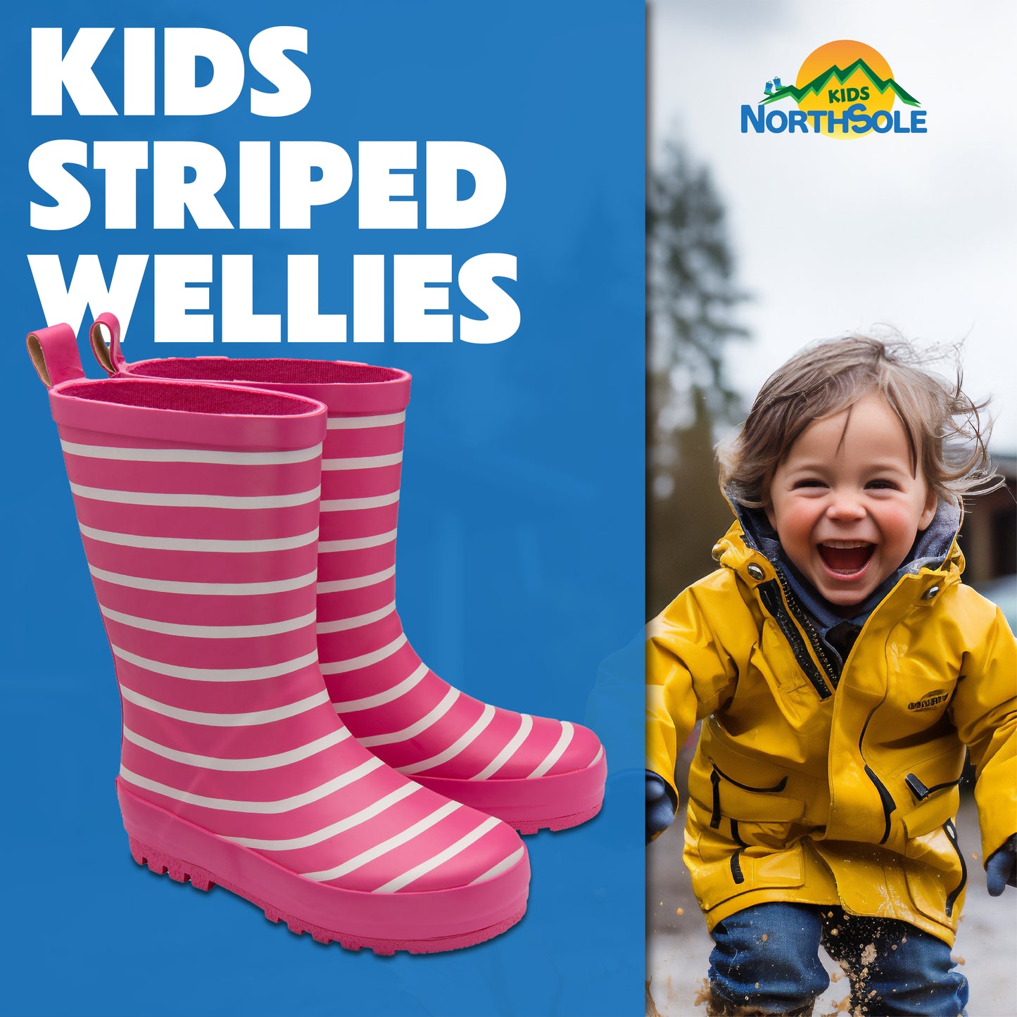 NorthSole Kids Wellies Striped Rubber Wellington Boots Boys & Girls Childrens Welly Sizes 9-2 - My Little Legends