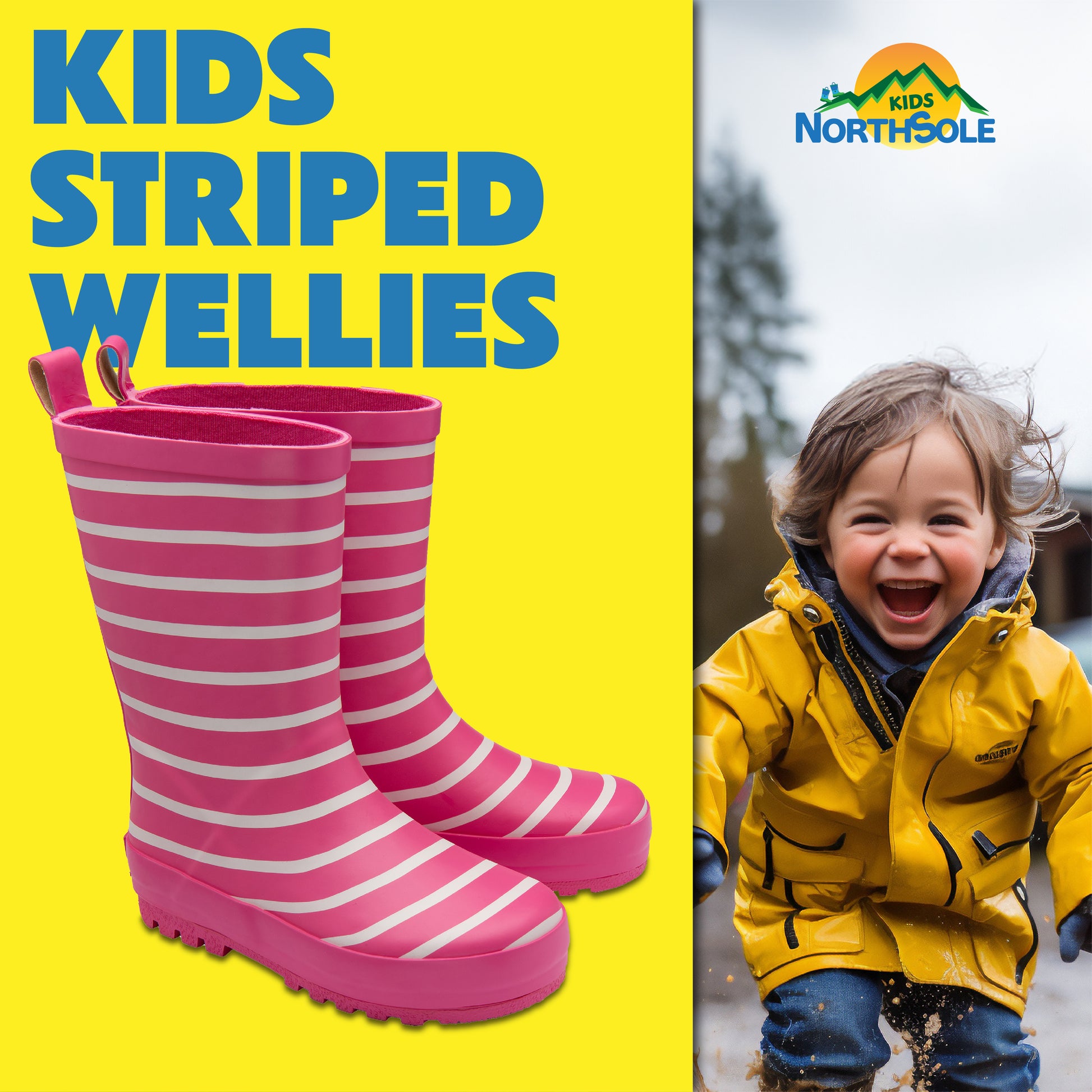 NorthSole Kids Wellies Striped Rubber Wellington Boots Boys & Girls Childrens Welly Sizes 9-2 - My Little Legends