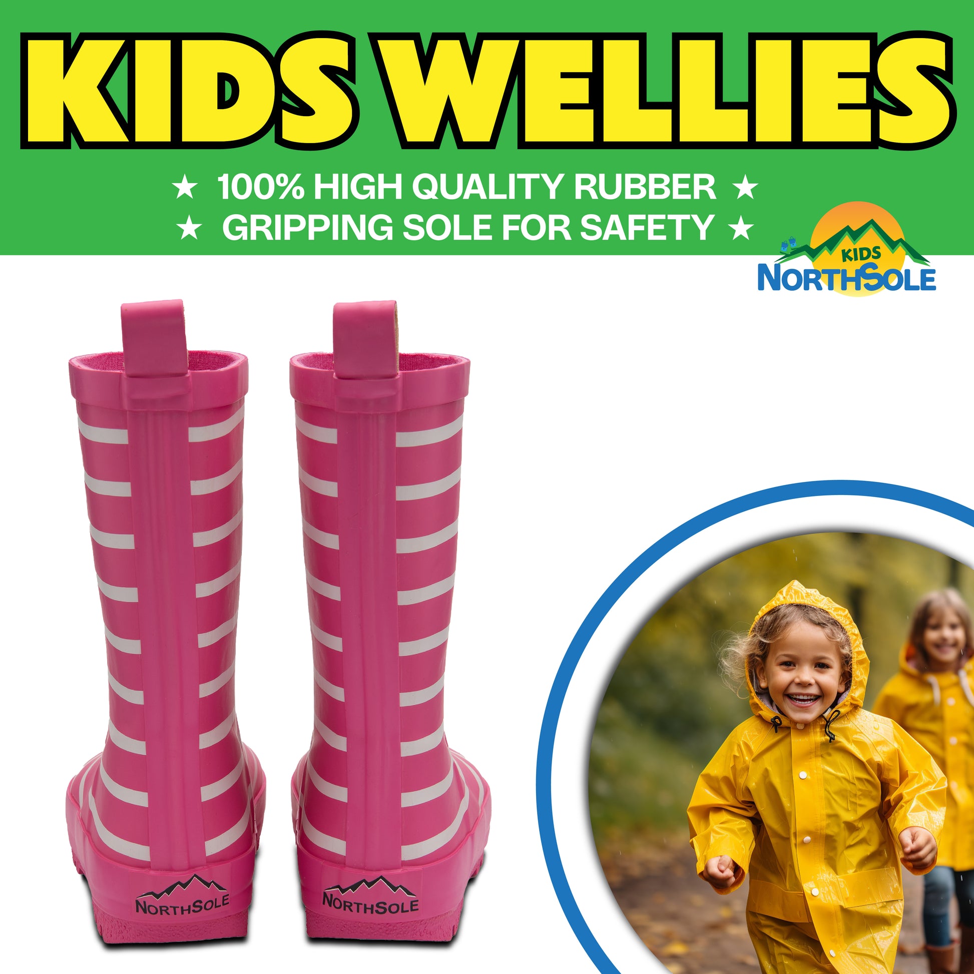 NorthSole Kids Wellies Striped Rubber Wellington Boots Boys & Girls Childrens Welly Sizes 9-2 - My Little Legends