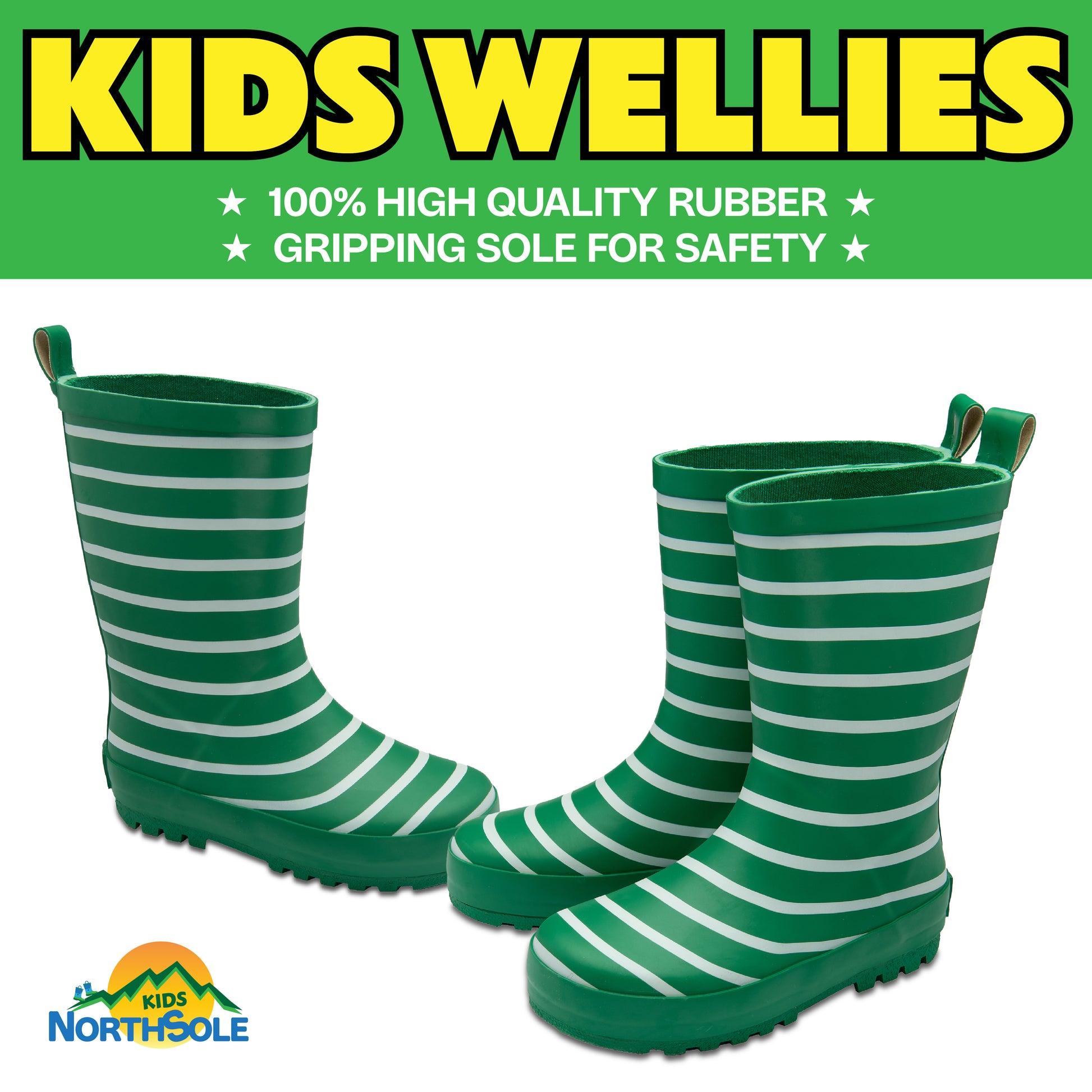 NorthSole Kids Wellies Striped Rubber Wellington Boots Boys & Girls Childrens Welly Sizes 9-2 - My Little Legends