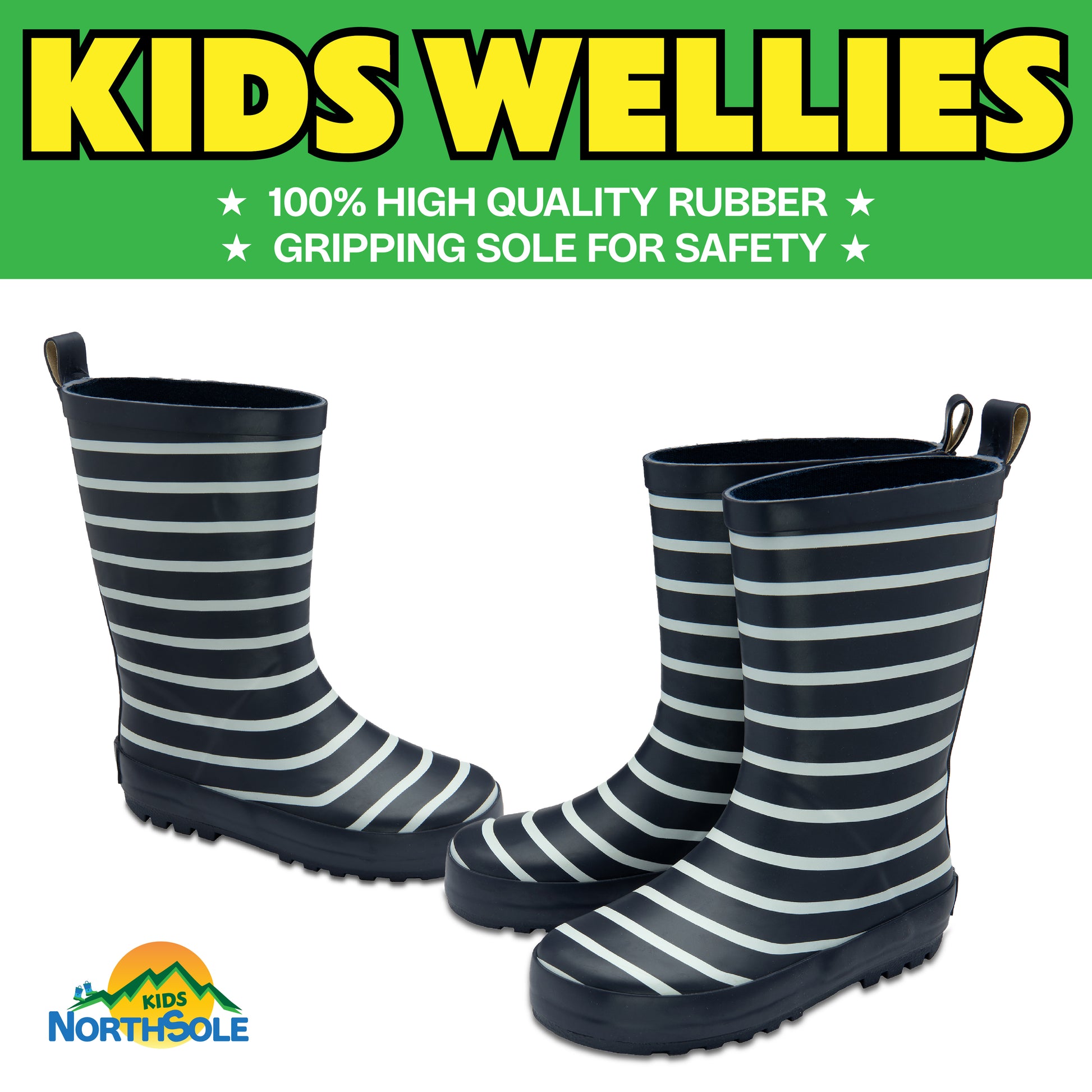 NorthSole Kids Wellies Striped Rubber Wellington Boots Boys & Girls Childrens Welly Sizes 9-2 - My Little Legends