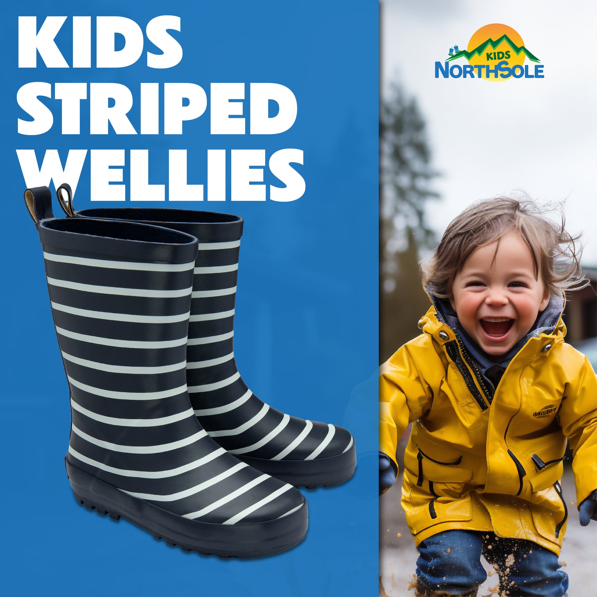 NorthSole Kids Wellies Striped Rubber Wellington Boots Boys & Girls Childrens Welly Sizes 9-2 - My Little Legends