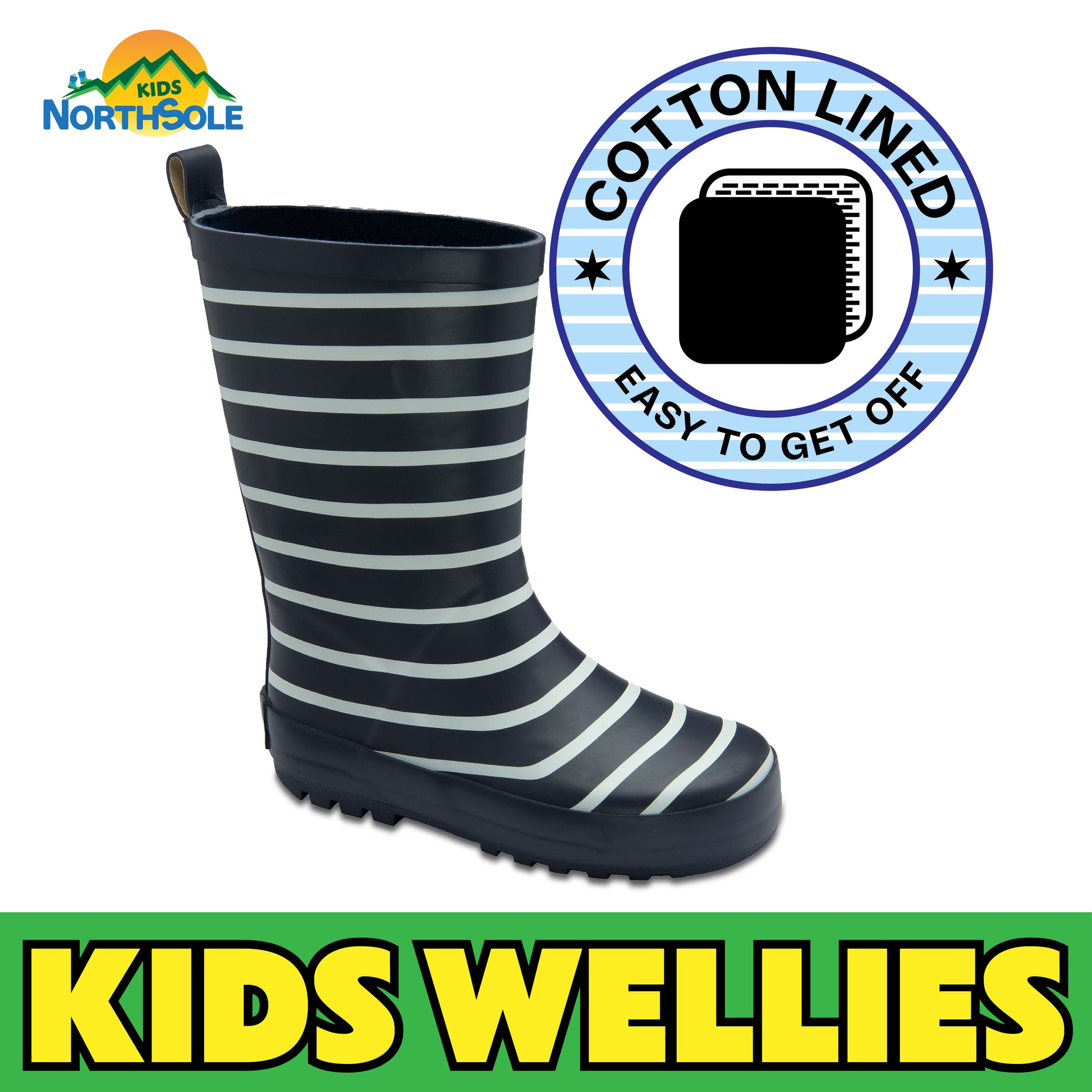 NorthSole Kids Wellies Striped Rubber Wellington Boots Boys & Girls Childrens Welly Sizes 9-2 - My Little Legends
