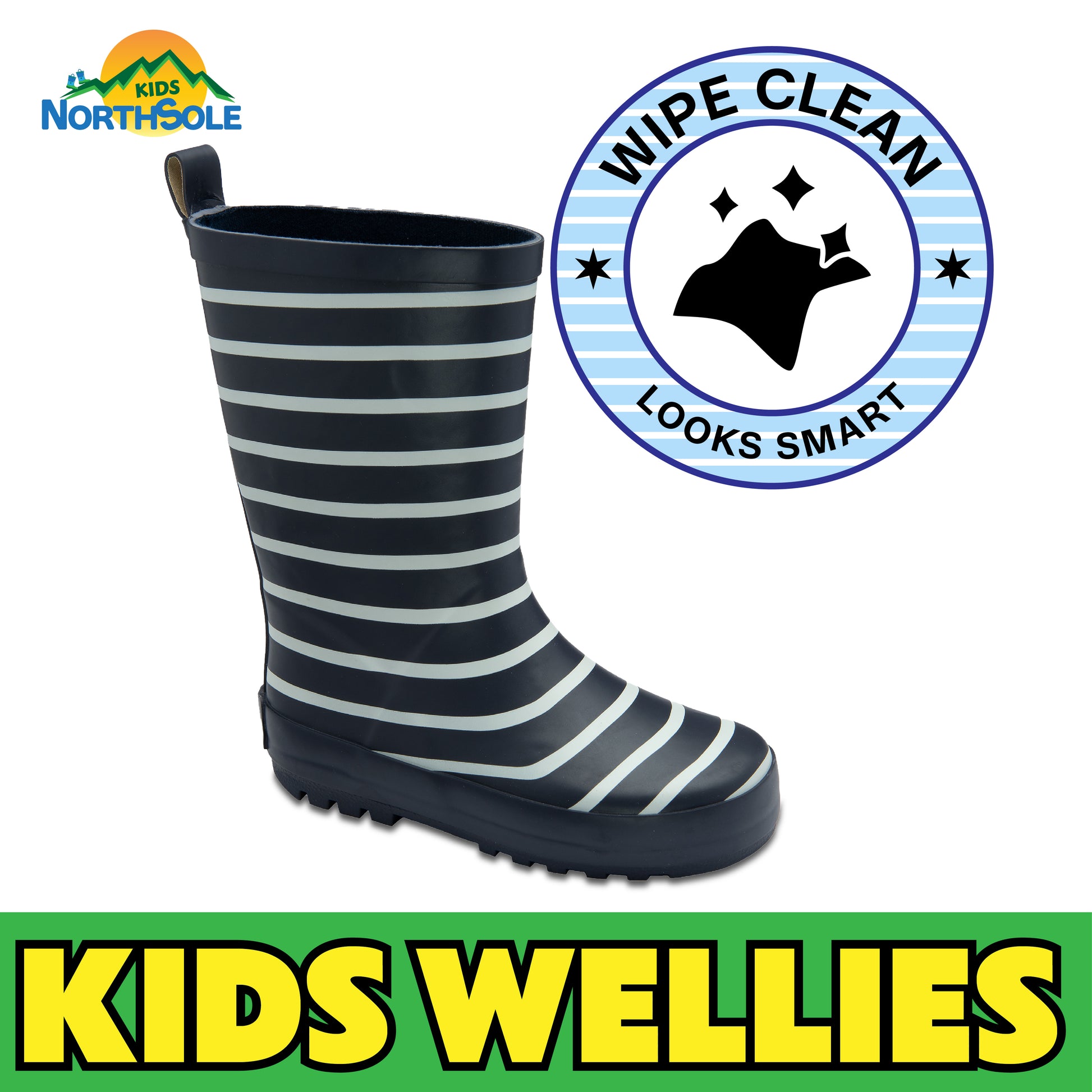 NorthSole Kids Wellies Striped Rubber Wellington Boots Boys & Girls Childrens Welly Sizes 9-2 - My Little Legends