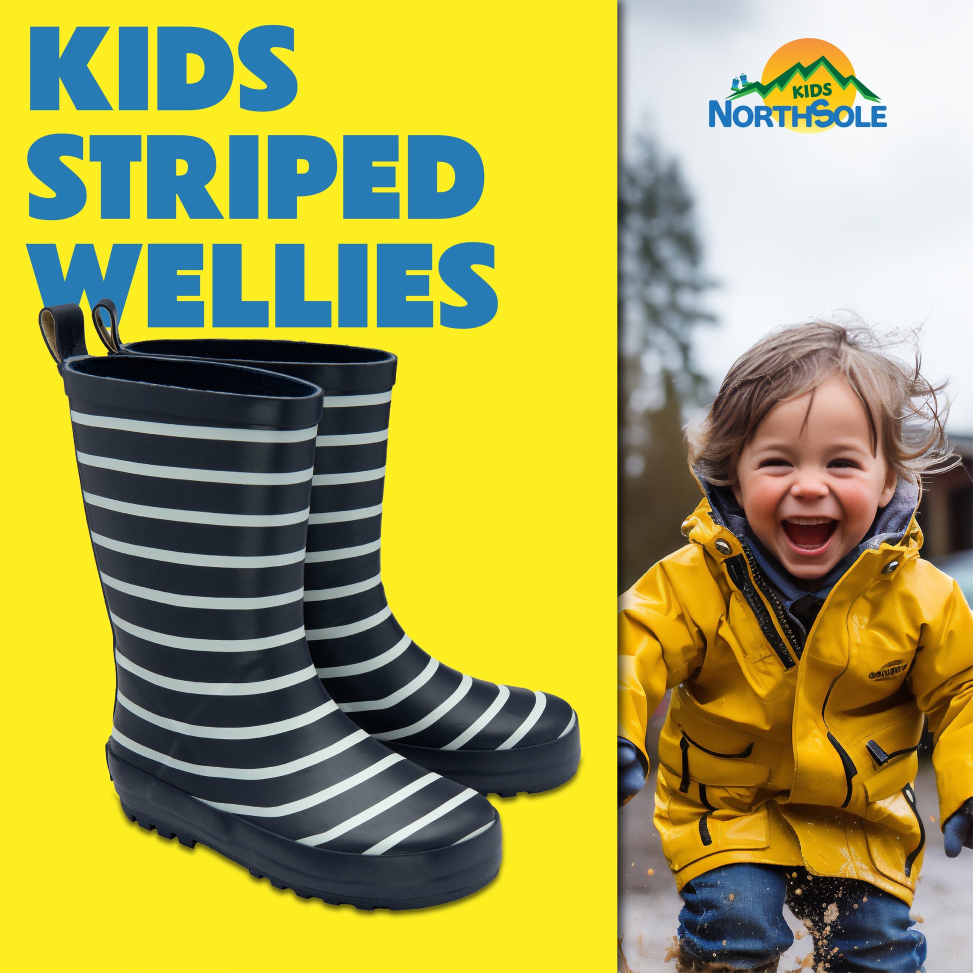 NorthSole Kids Wellies Striped Rubber Wellington Boots Boys & Girls Childrens Welly Sizes 9-2 - My Little Legends