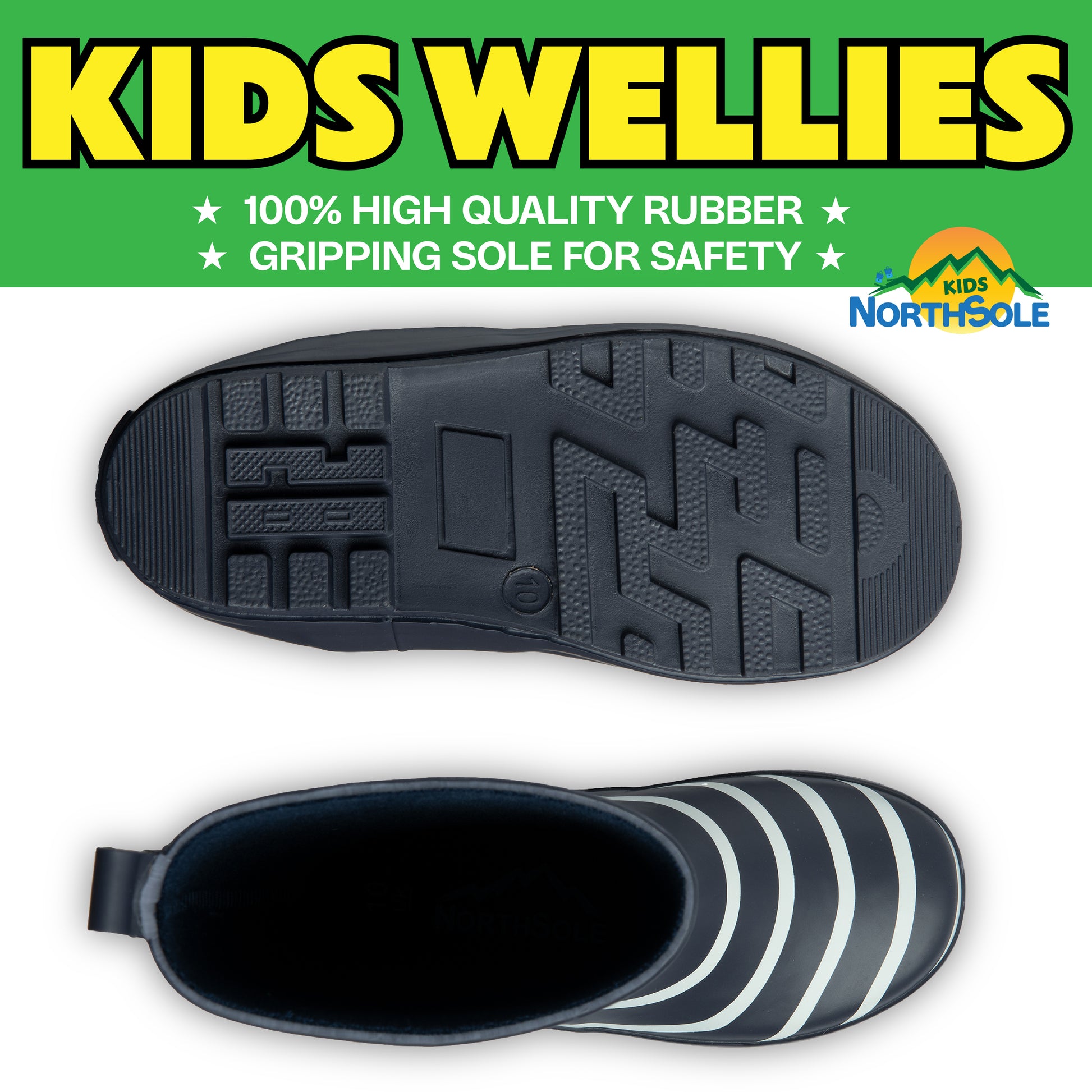 NorthSole Kids Wellies Striped Rubber Wellington Boots Boys & Girls Childrens Welly Sizes 9-2 - My Little Legends