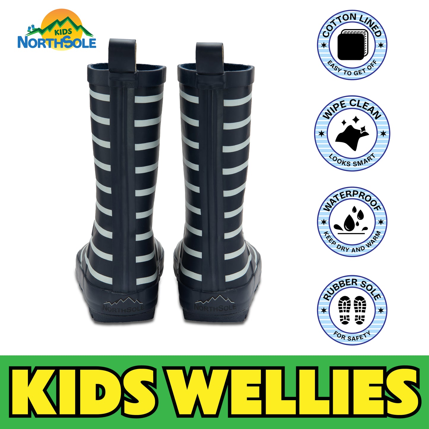 NorthSole Kids Wellies Striped Rubber Wellington Boots Boys & Girls Childrens Welly Sizes 9-2 - My Little Legends