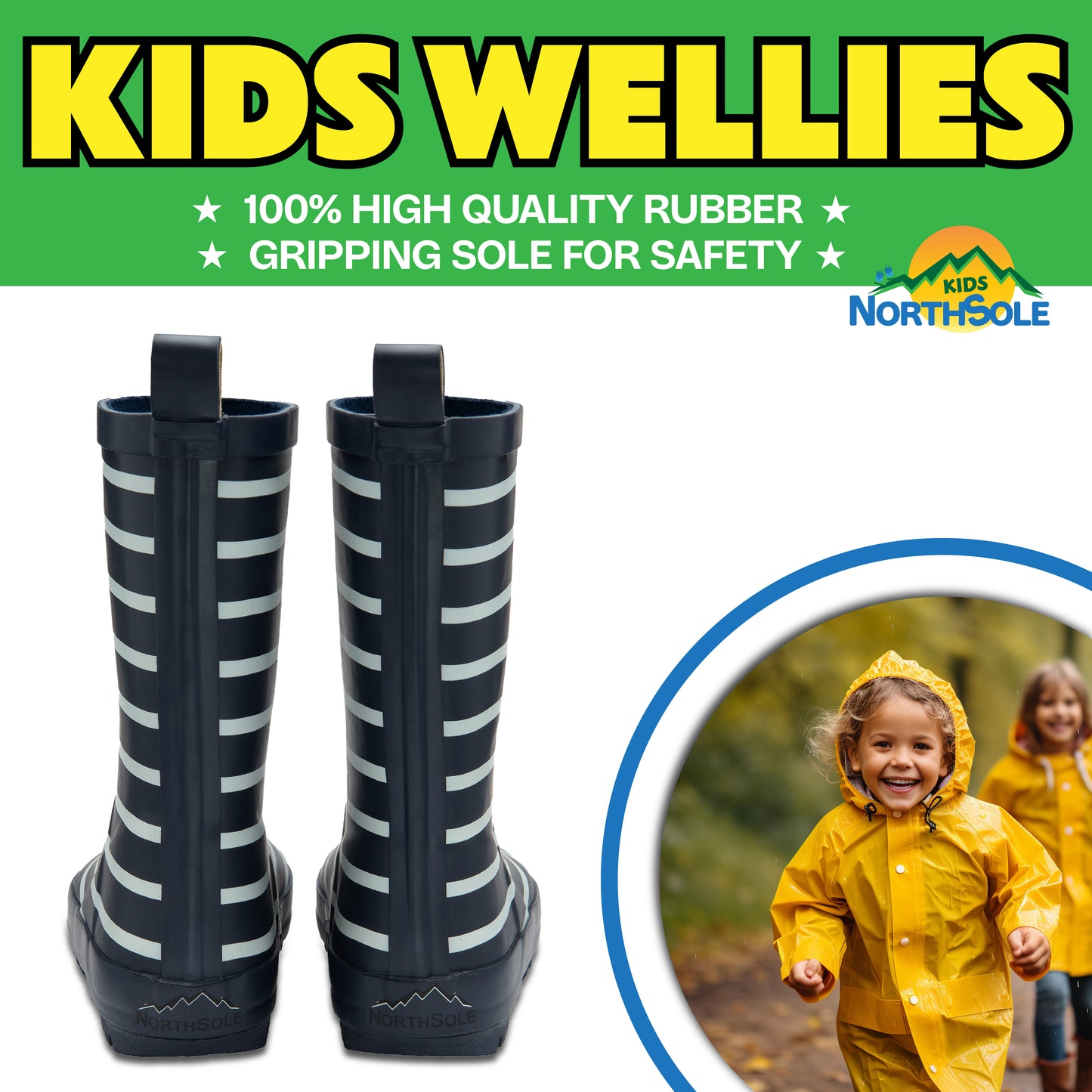 NorthSole Kids Wellies Striped Rubber Wellington Boots Boys & Girls Childrens Welly Sizes 9-2 - My Little Legends