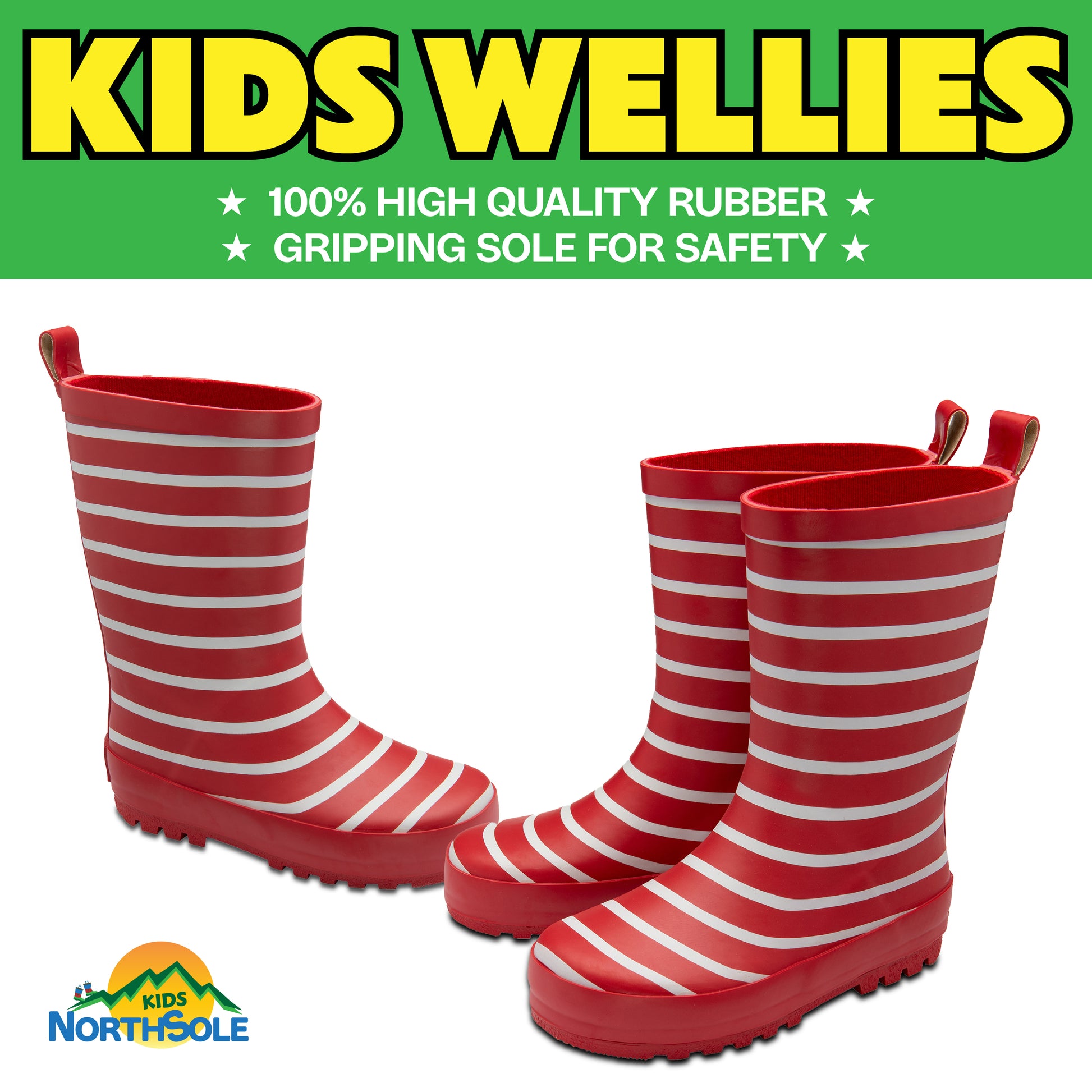 NorthSole Kids Wellies Striped Rubber Wellington Boots Boys & Girls Childrens Welly Sizes 9-2 - My Little Legends