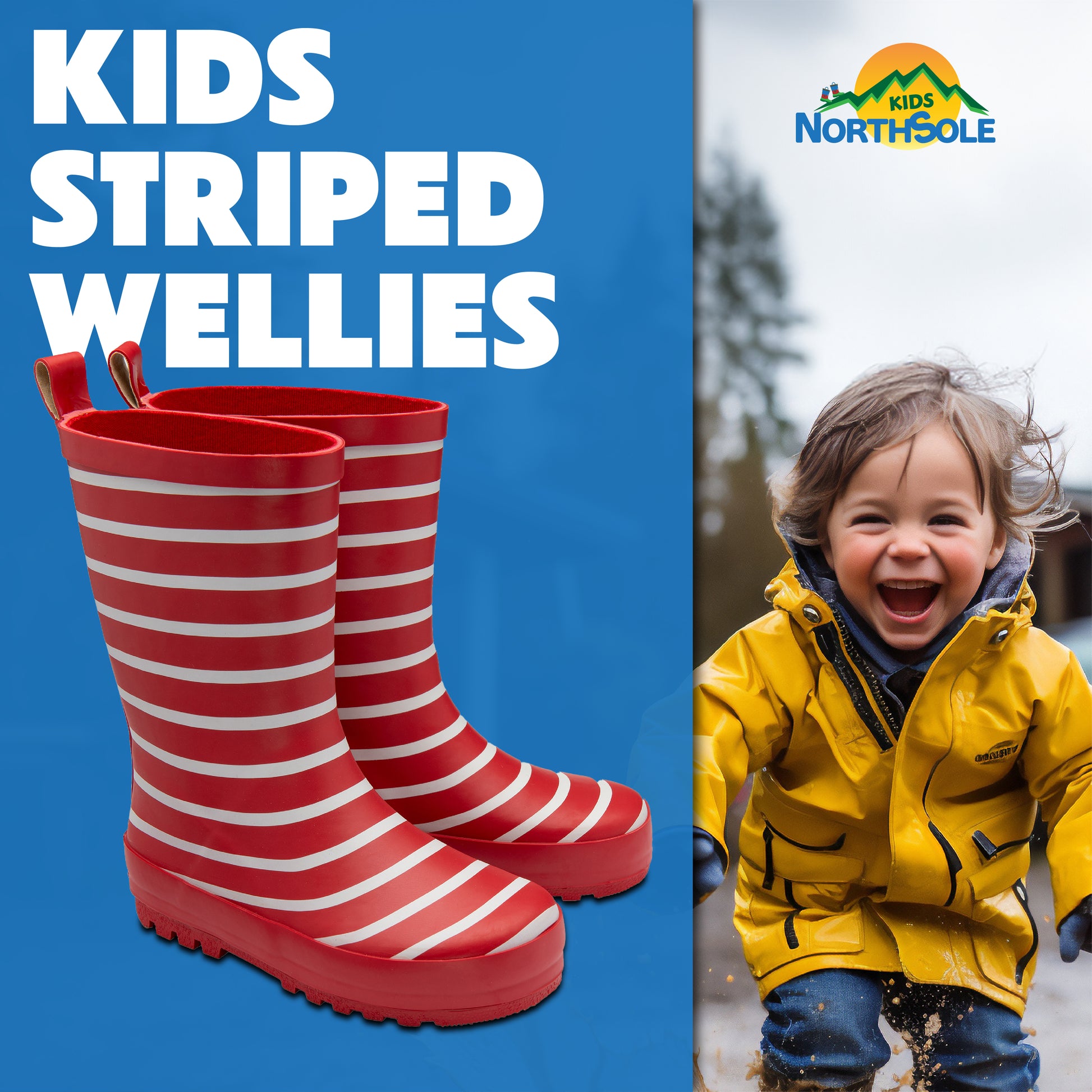 NorthSole Kids Wellies Striped Rubber Wellington Boots Boys & Girls Childrens Welly Sizes 9-2 - My Little Legends