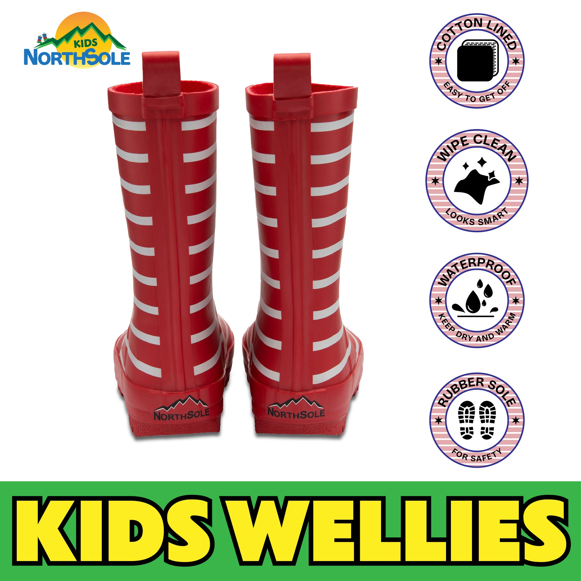 NorthSole Kids Wellies Striped Rubber Wellington Boots Boys & Girls Childrens Welly Sizes 9-2 - My Little Legends