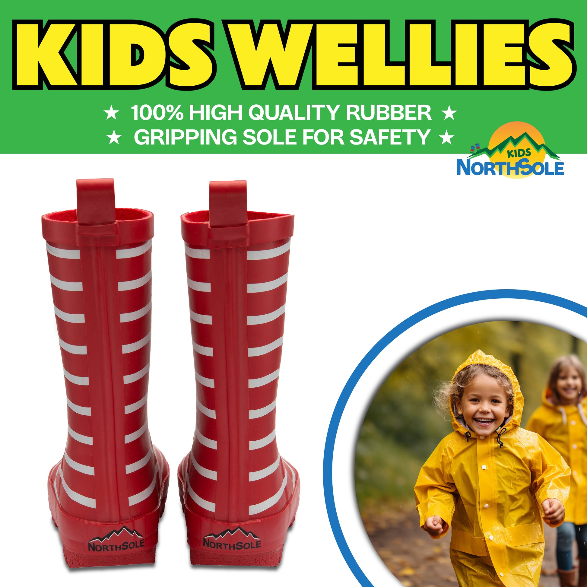NorthSole Kids Wellies Striped Rubber Wellington Boots Boys & Girls Childrens Welly Sizes 9-2 - My Little Legends