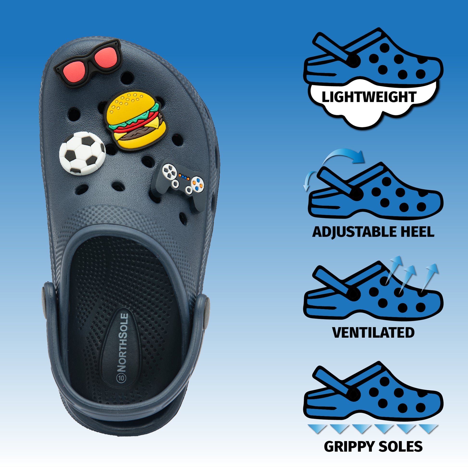 NorthSole Boys Clogs Childrens Sandals with Removable Charms Kids Beach Pool Shoes - My Little Legends