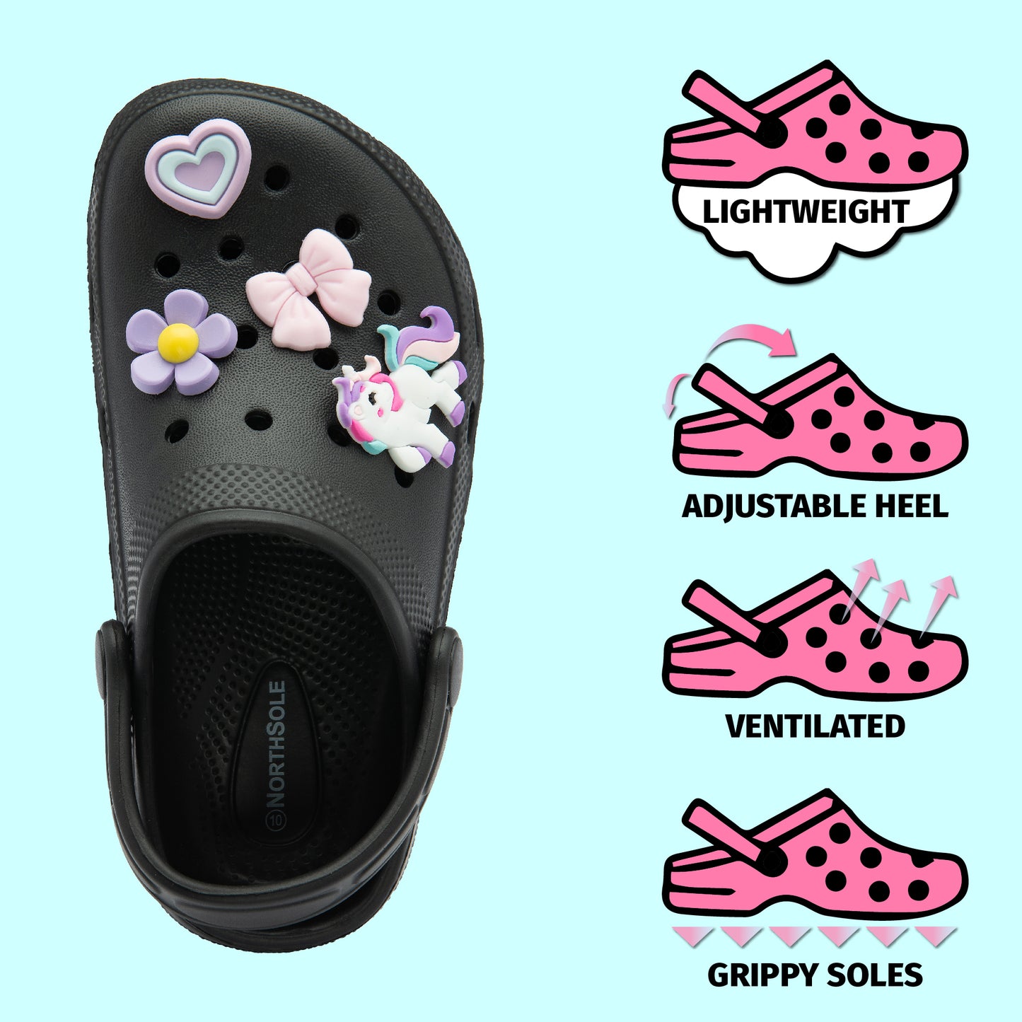 NorthSole Girls Clogs Childrens Sandals with Removable Charms Kids Beach Pool Shoes - My Little Legends