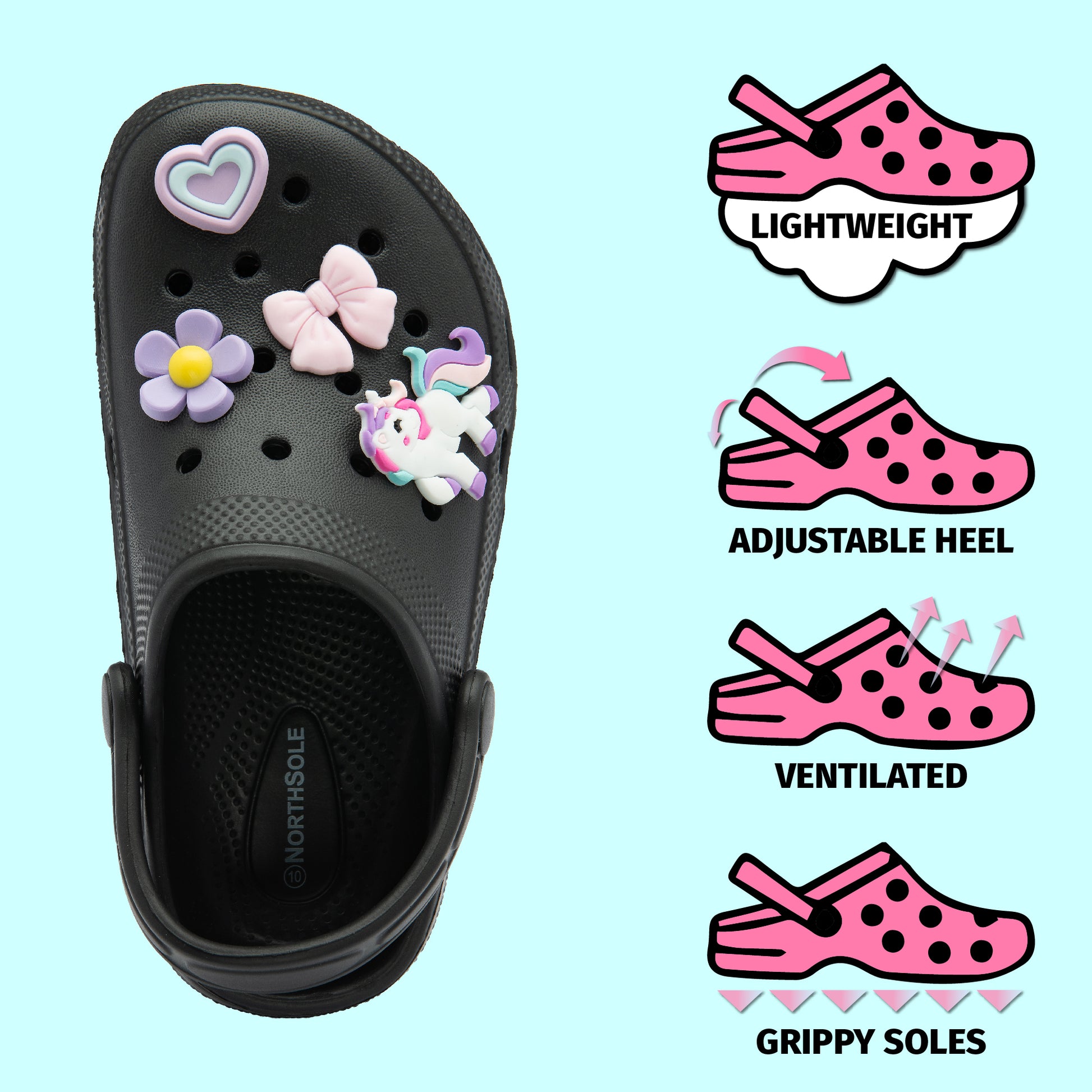 NorthSole Girls Clogs Childrens Sandals with Removable Charms Kids Beach Pool Shoes - My Little Legends