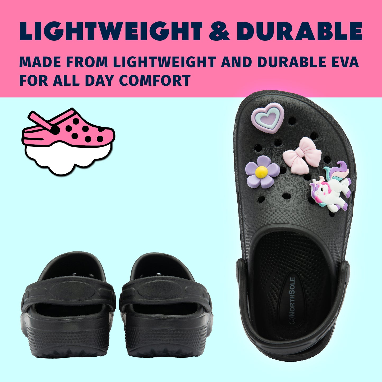 NorthSole Girls Clogs Childrens Sandals with Removable Charms Kids Beach Pool Shoes - My Little Legends