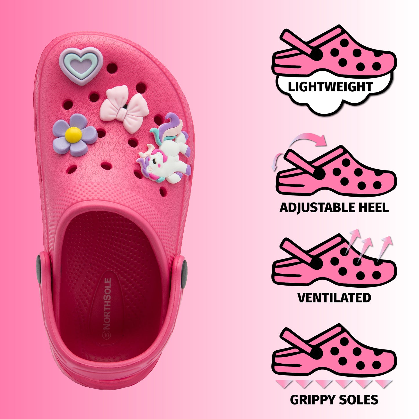 NorthSole Girls Clogs Childrens Sandals with Removable Charms Kids Beach Pool Shoes - My Little Legends