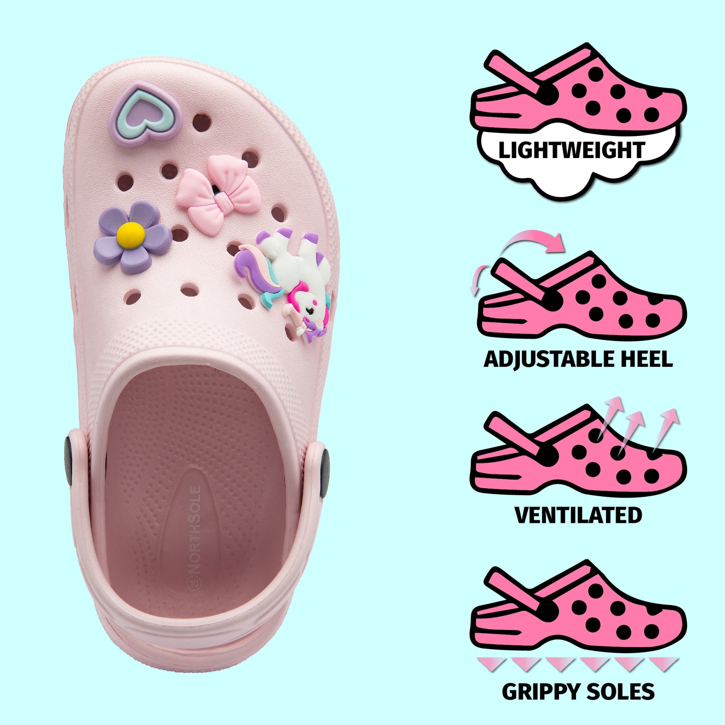 NorthSole Girls Clogs Childrens Sandals with Removable Charms Kids Beach Pool Shoes - My Little Legends
