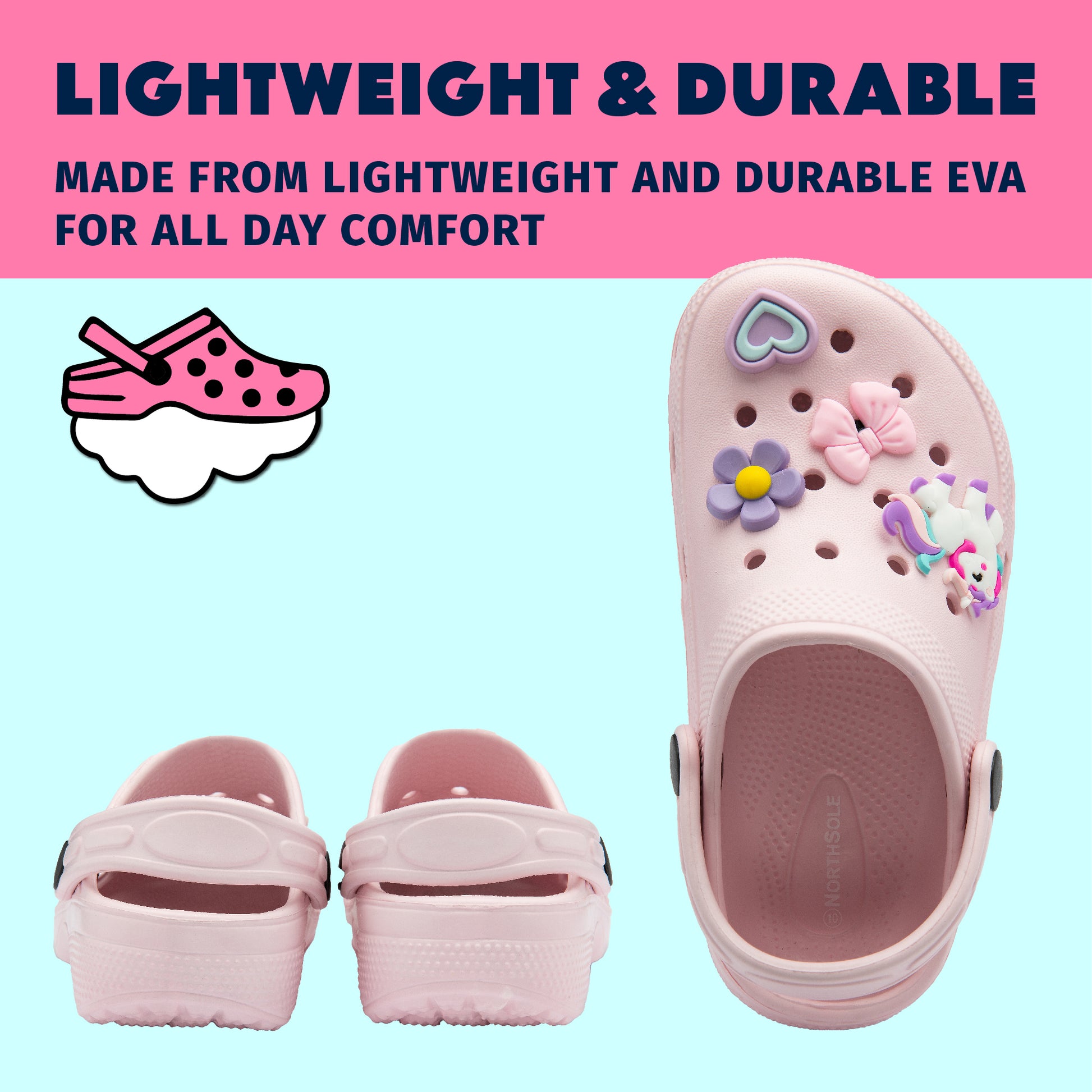 NorthSole Girls Clogs Childrens Sandals with Removable Charms Kids Beach Pool Shoes - My Little Legends
