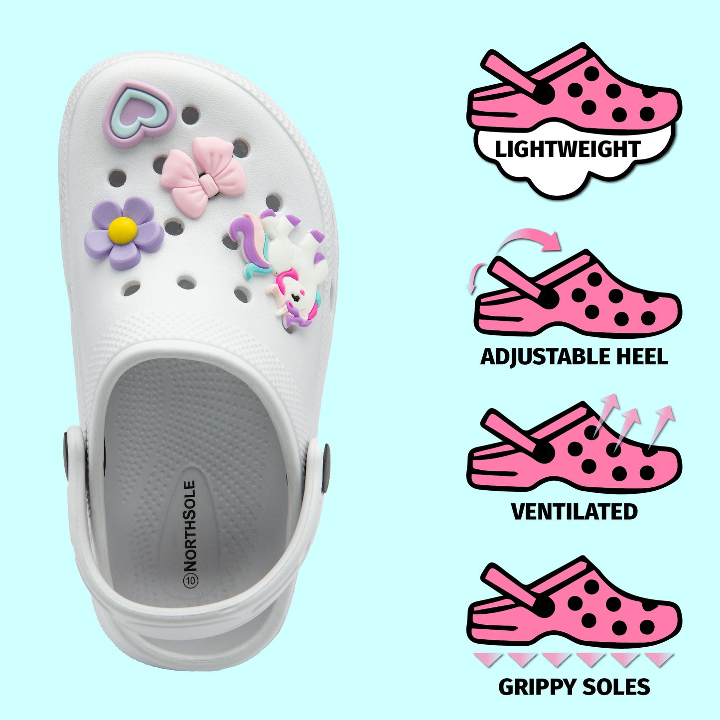 NorthSole Girls Clogs Childrens Sandals with Removable Charms Kids Beach Pool Shoes - My Little Legends