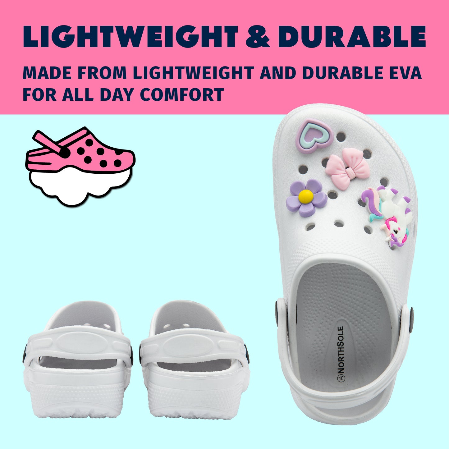 NorthSole Girls Clogs Childrens Sandals with Removable Charms Kids Beach Pool Shoes - My Little Legends