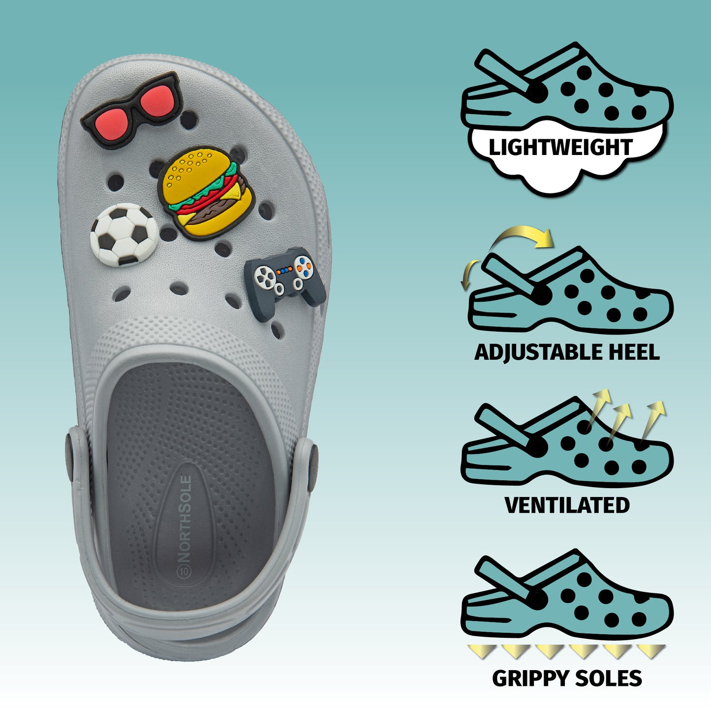 NorthSole Boys Clogs Childrens Sandals with Removable Charms Kids Beach Pool Shoes - My Little Legends