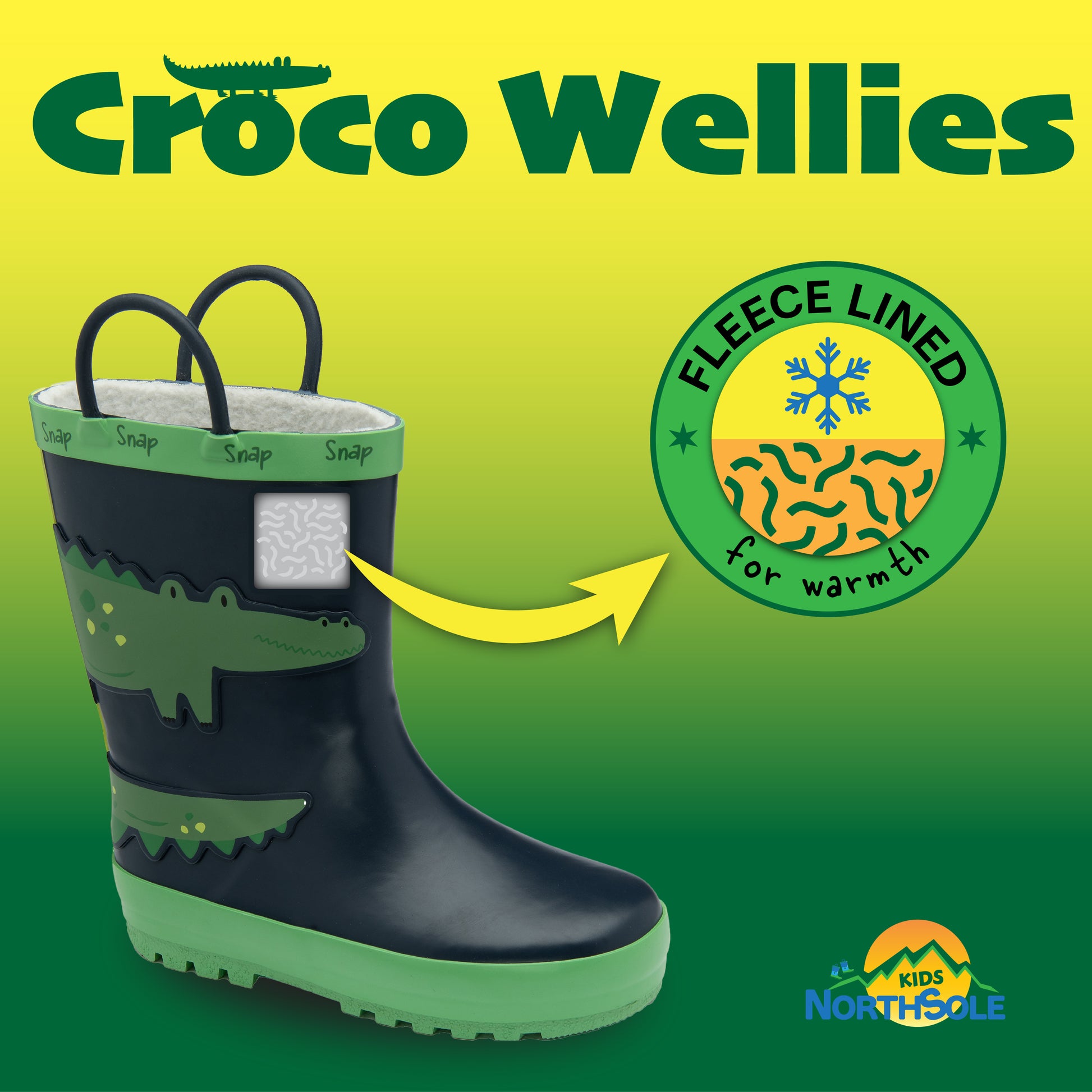 NorthSole Kids Wellies Boys & Girls Childrens Rubber Wellington Boots With Easy Pull On Handles Fleece Lined - My Little Legends