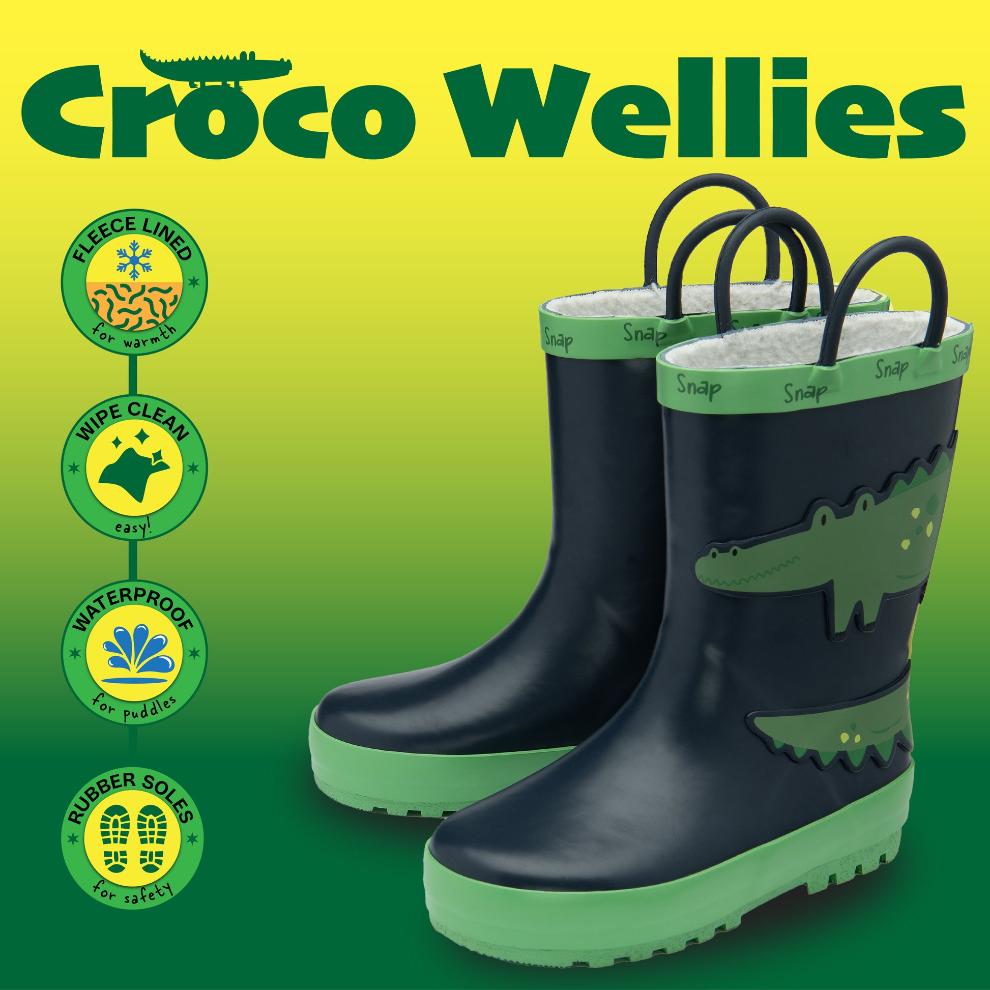 NorthSole Kids Wellies Boys & Girls Childrens Rubber Wellington Boots With Easy Pull On Handles Fleece Lined - My Little Legends