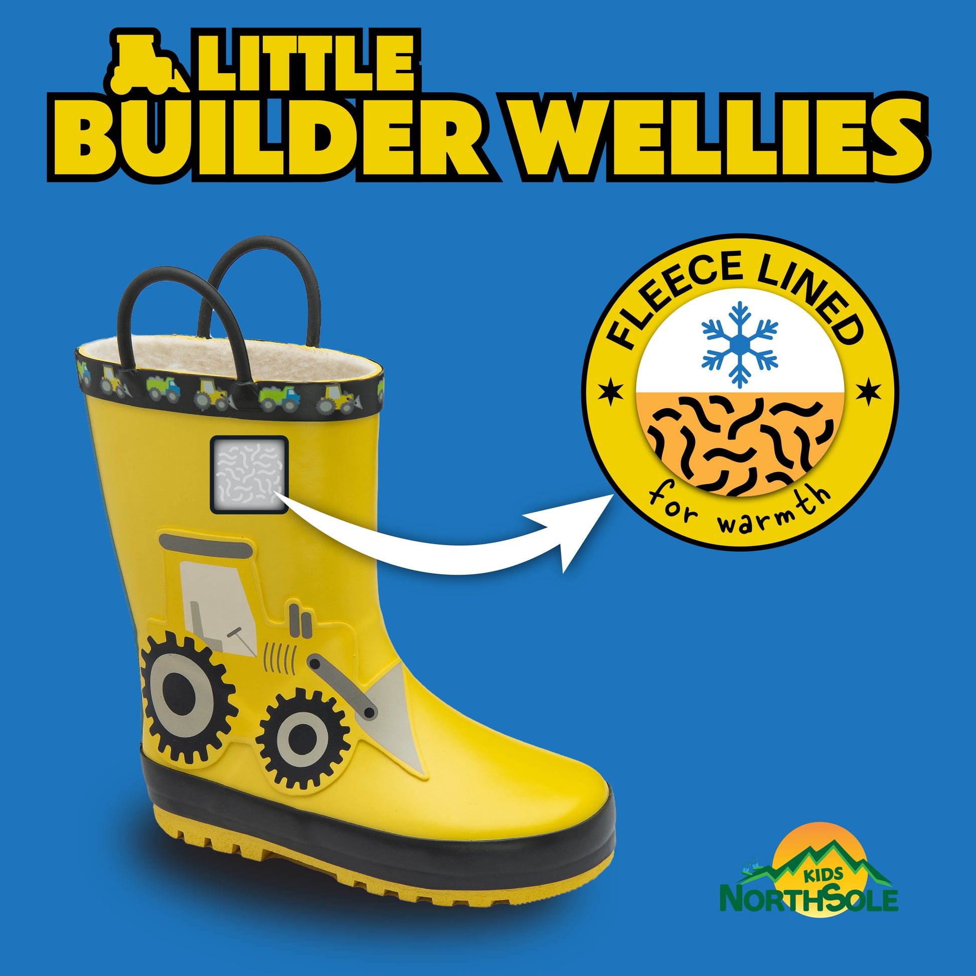 NorthSole Kids Wellies Boys & Girls Childrens Rubber Wellington Boots With Easy Pull On Handles Fleece Lined - My Little Legends
