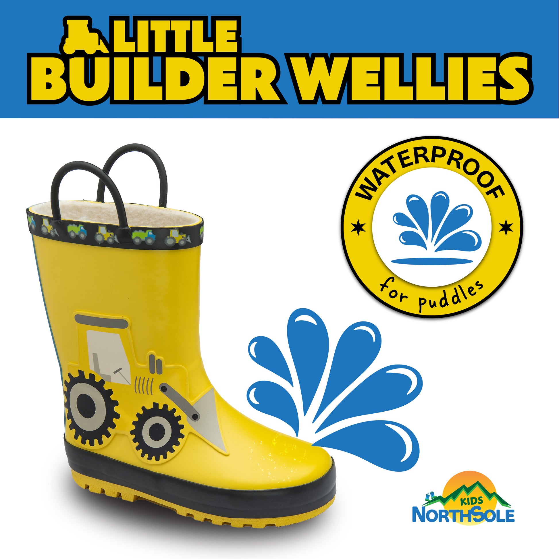 NorthSole Kids Wellies Boys & Girls Childrens Rubber Wellington Boots With Easy Pull On Handles Fleece Lined - My Little Legends