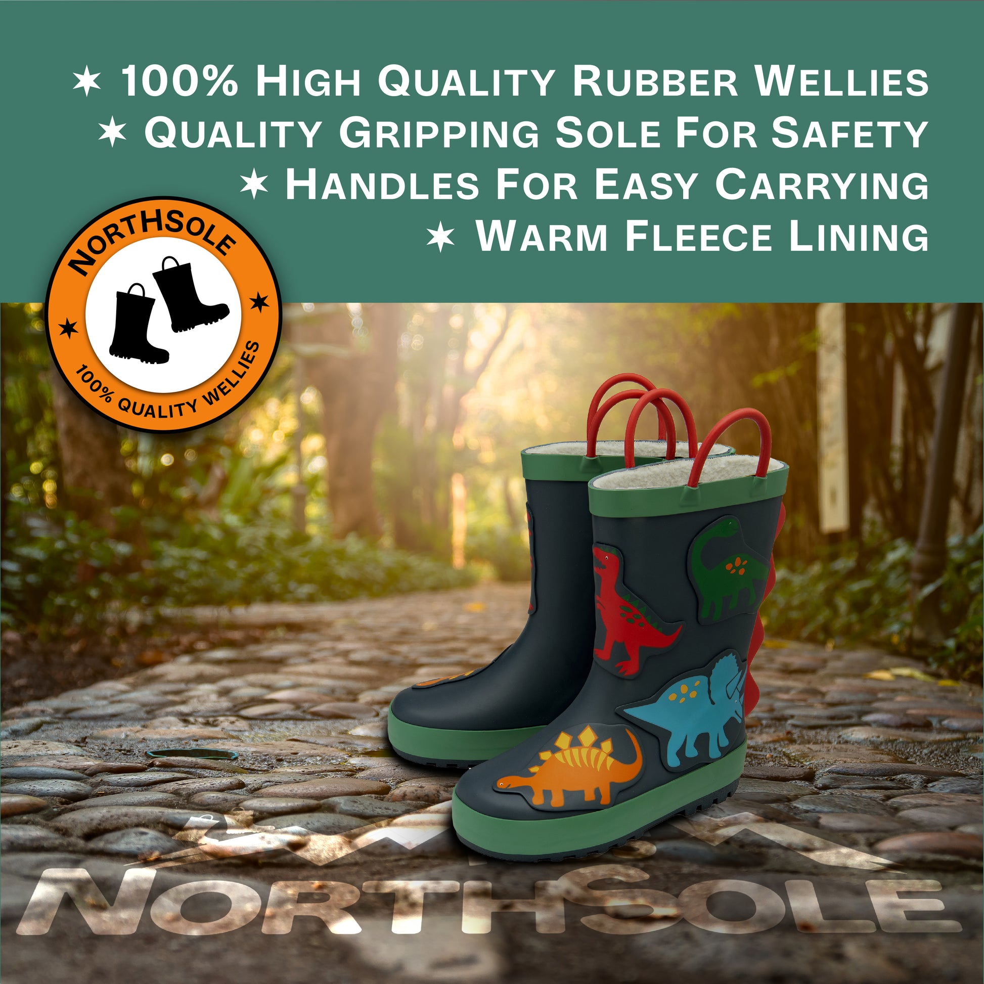 NorthSole Kids Wellies Boys & Girls Childrens Rubber Wellington Boots With Easy Pull On Handles Fleece Lined - My Little Legends