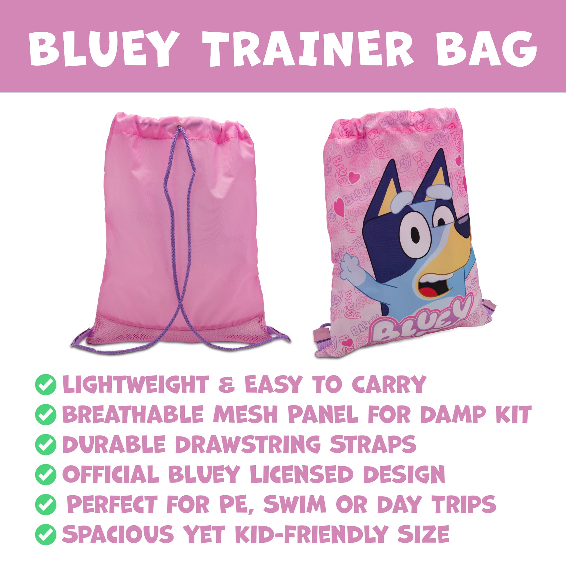 Bluey Drawstring Bag Kids PE Kit Gym Swim Sack Boys & Girls Childrens School Trainer School Backpack - My Little Legends