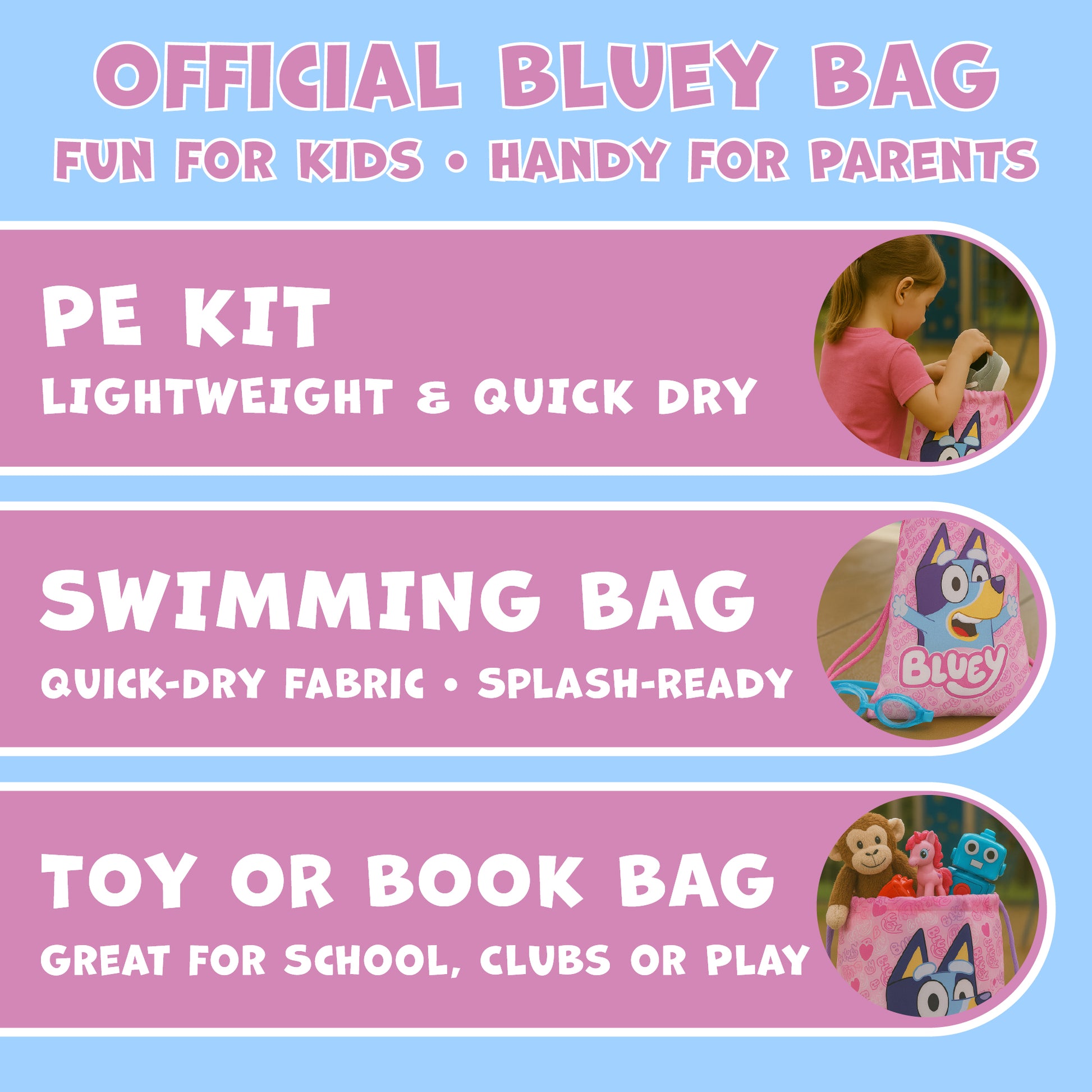 Bluey Drawstring Bag Kids PE Kit Gym Swim Sack Boys & Girls Childrens School Trainer School Backpack - My Little Legends