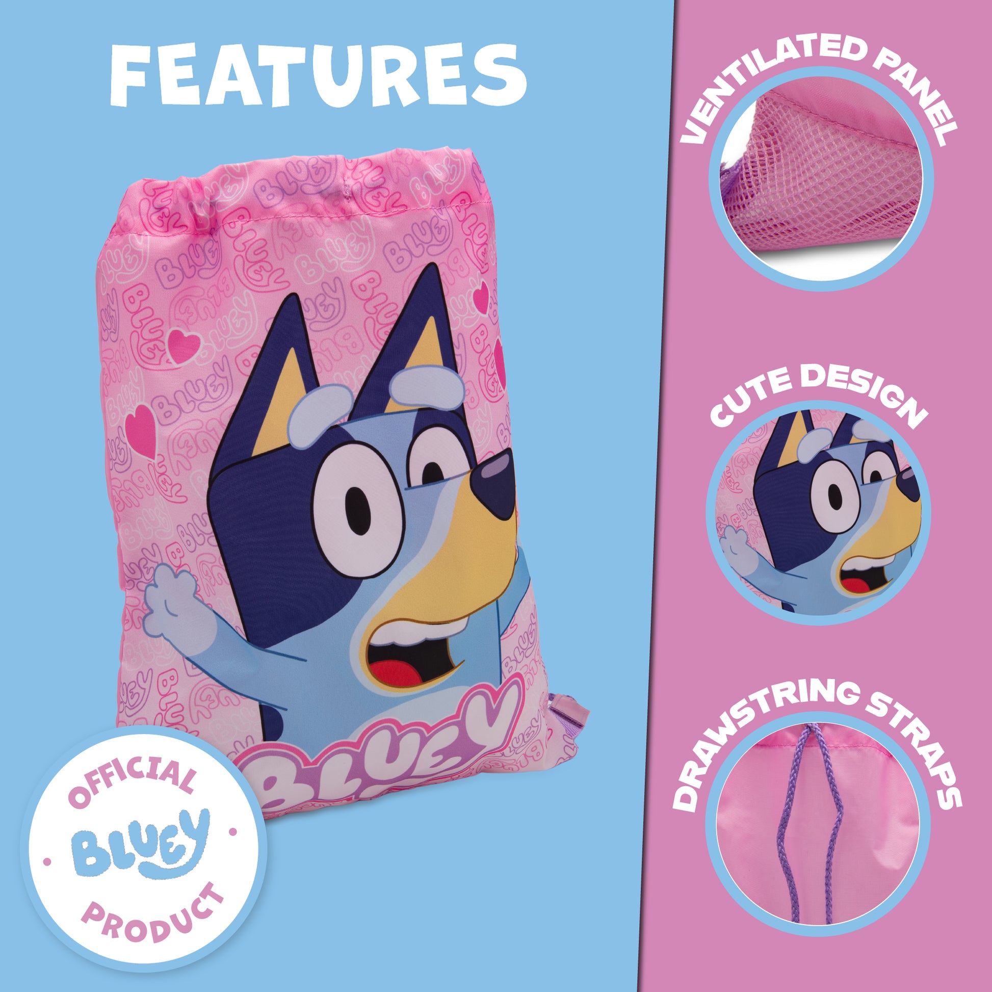 Bluey Drawstring Bag Kids PE Kit Gym Swim Sack Boys & Girls Childrens School Trainer School Backpack - My Little Legends