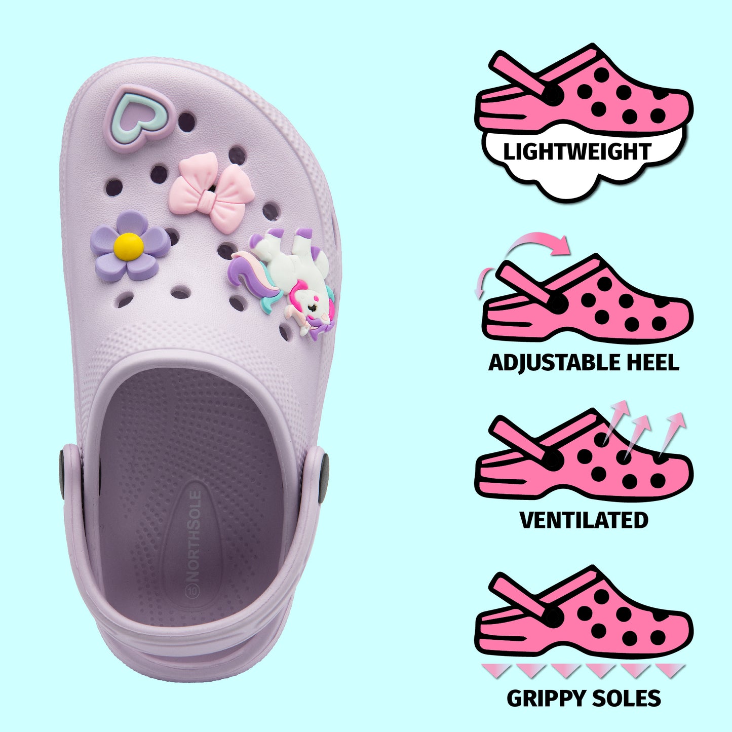 NorthSole Girls Clogs Childrens Sandals with Removable Charms Kids Beach Pool Shoes - My Little Legends