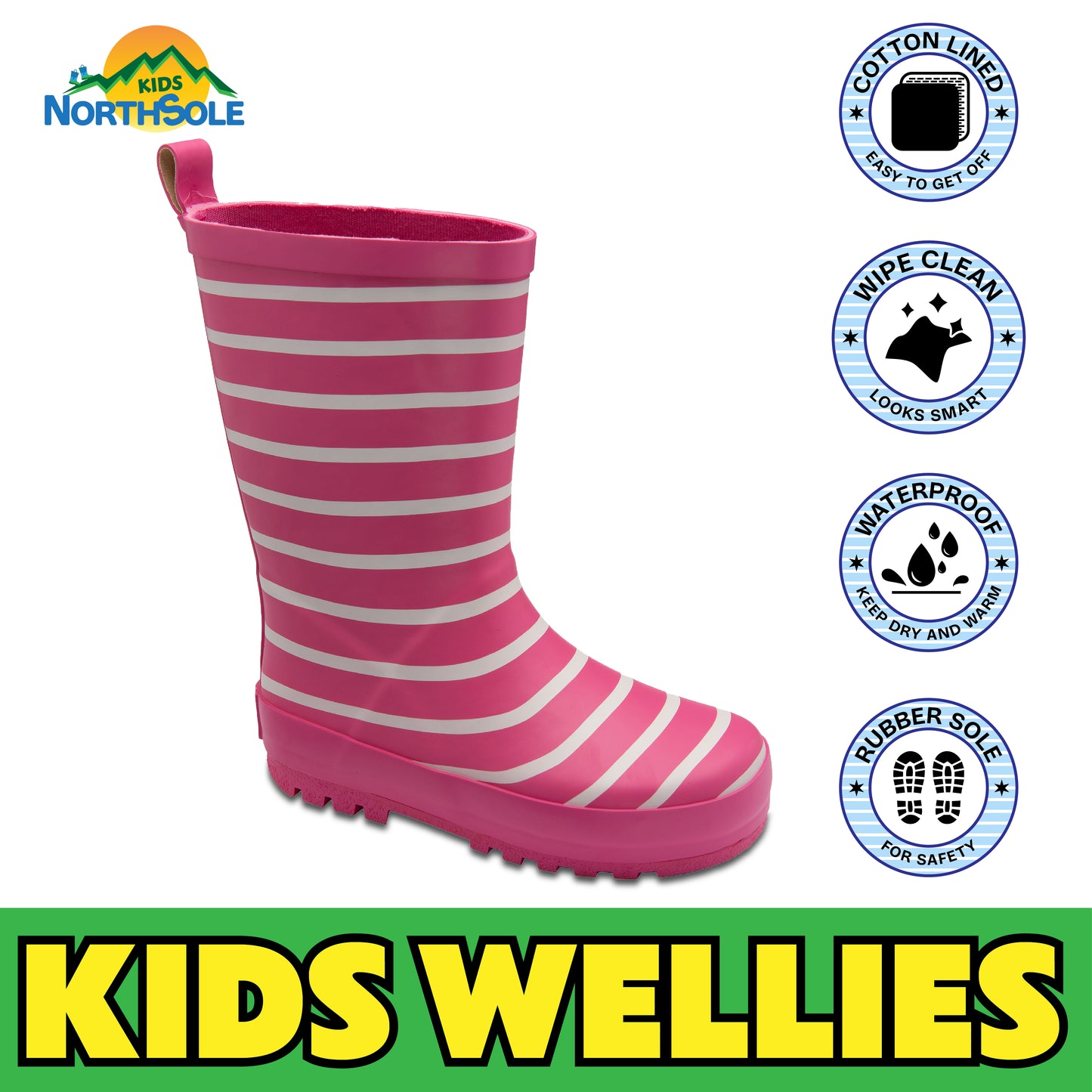 NorthSole Kids Wellies Striped Rubber Wellington Boots Boys & Girls Childrens Welly Sizes 9-2 - My Little Legends