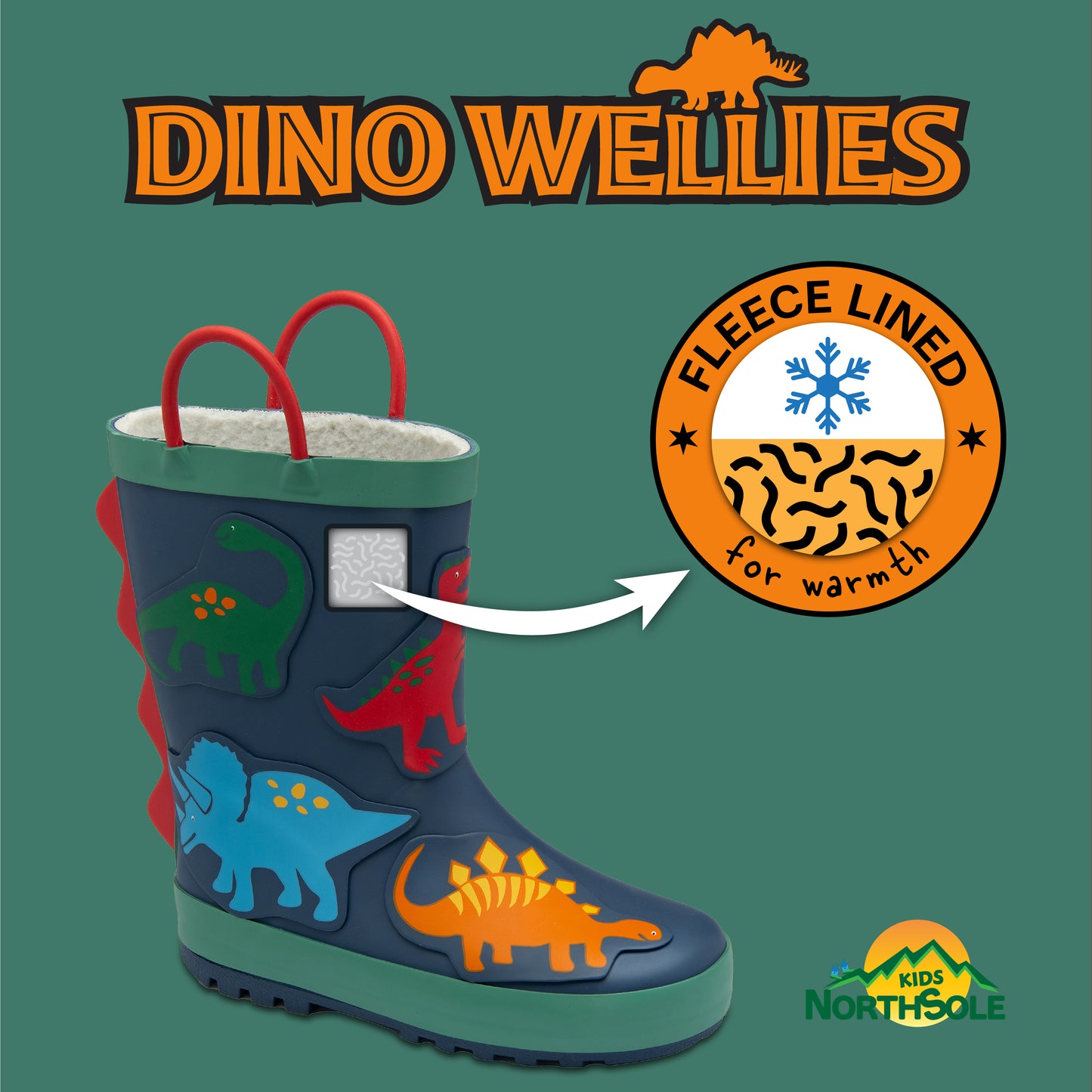 NorthSole Kids Wellies Boys & Girls Childrens Rubber Wellington Boots With Easy Pull On Handles Fleece Lined - My Little Legends