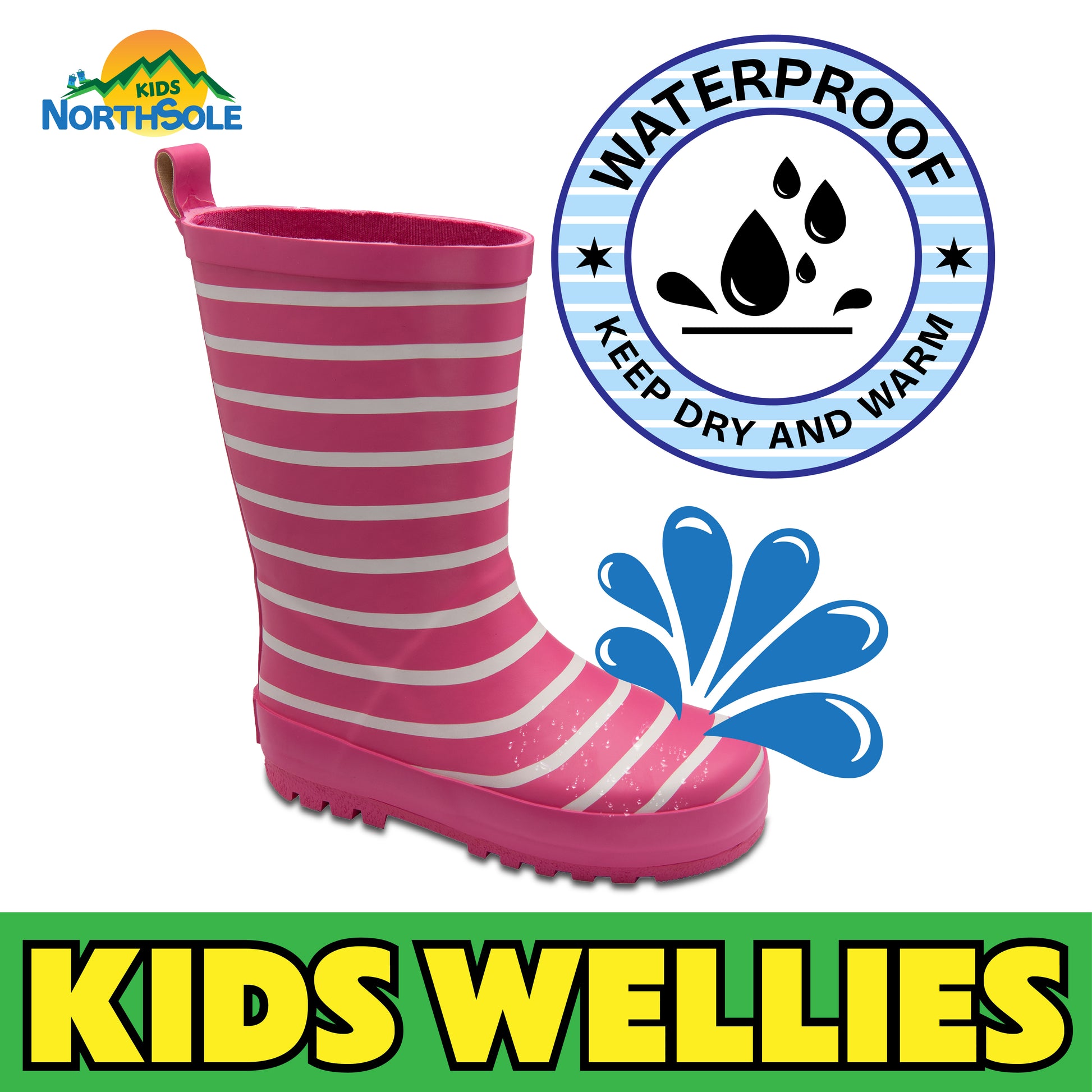 NorthSole Kids Wellies Striped Rubber Wellington Boots Boys & Girls Childrens Welly Sizes 9-2 - My Little Legends