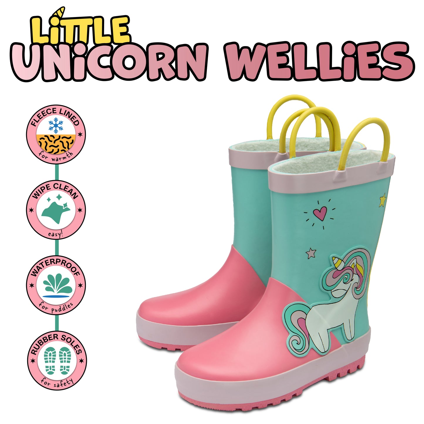 NorthSole Kids Wellies Boys & Girls Childrens Rubber Wellington Boots With Easy Pull On Handles Fleece Lined - My Little Legends