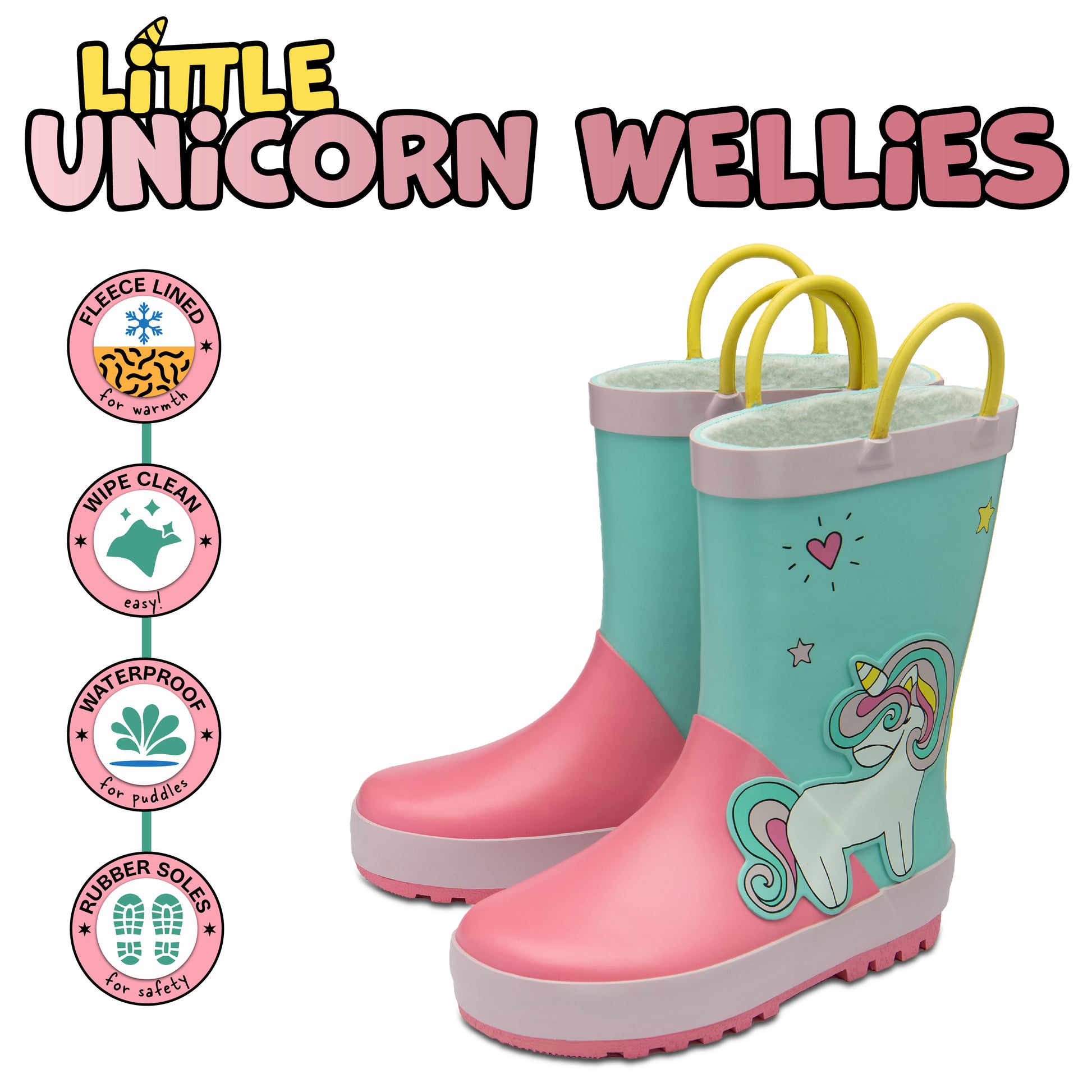 NorthSole Kids Wellies Boys & Girls Childrens Rubber Wellington Boots With Easy Pull On Handles Fleece Lined - My Little Legends