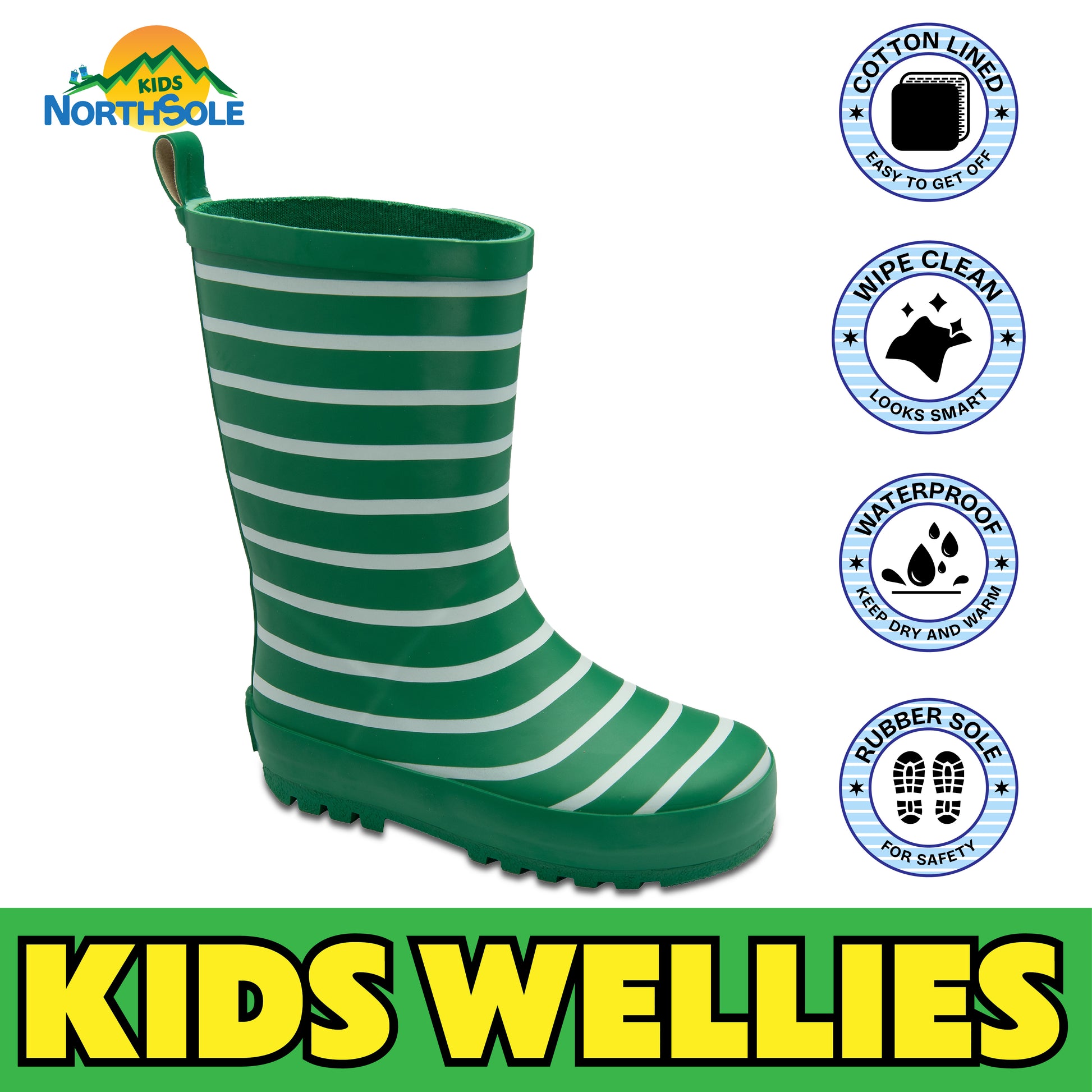 NorthSole Kids Wellies Striped Rubber Wellington Boots Boys & Girls Childrens Welly Sizes 9-2 - My Little Legends