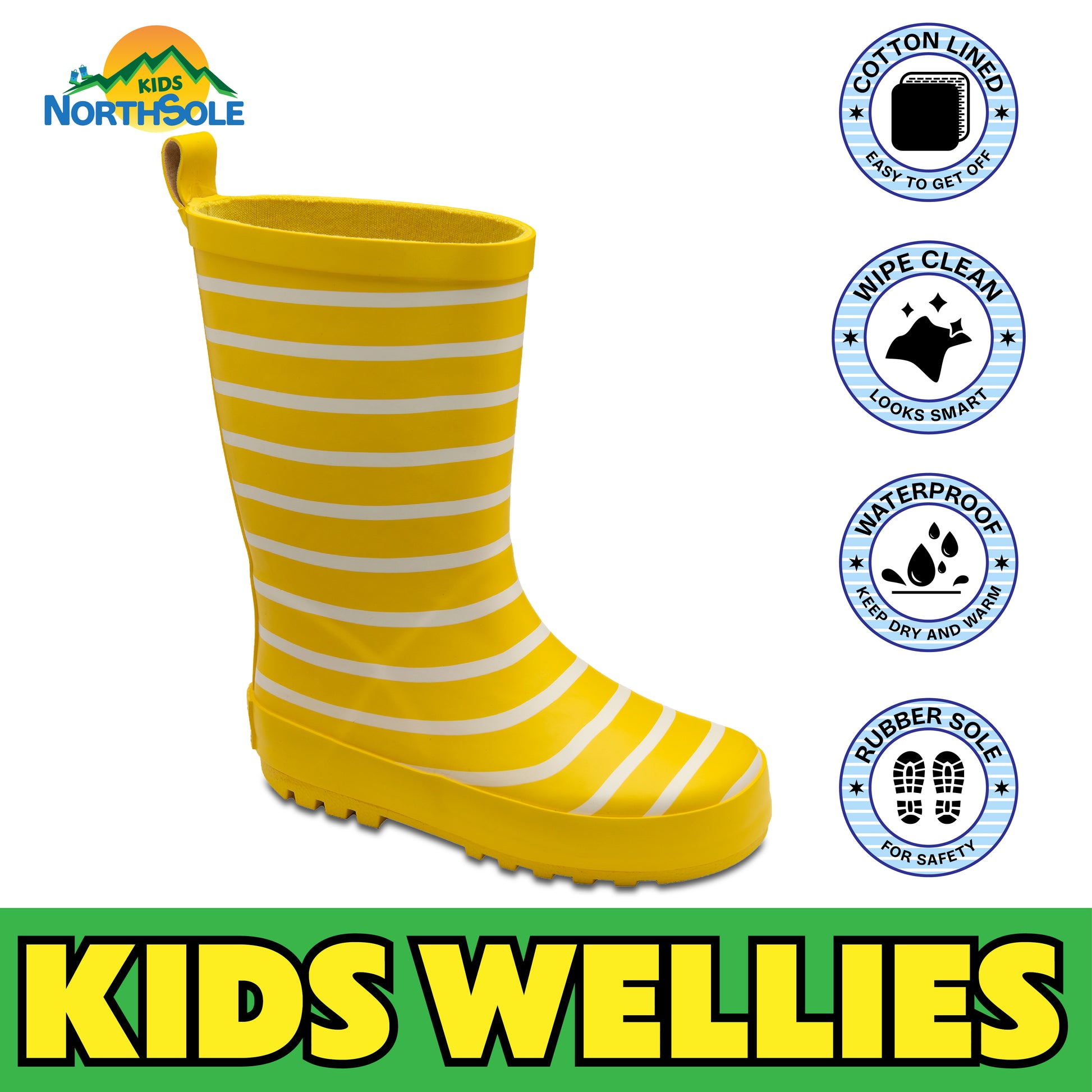 NorthSole Kids Wellies Striped Rubber Wellington Boots Boys & Girls Childrens Welly Sizes 9-2 - My Little Legends